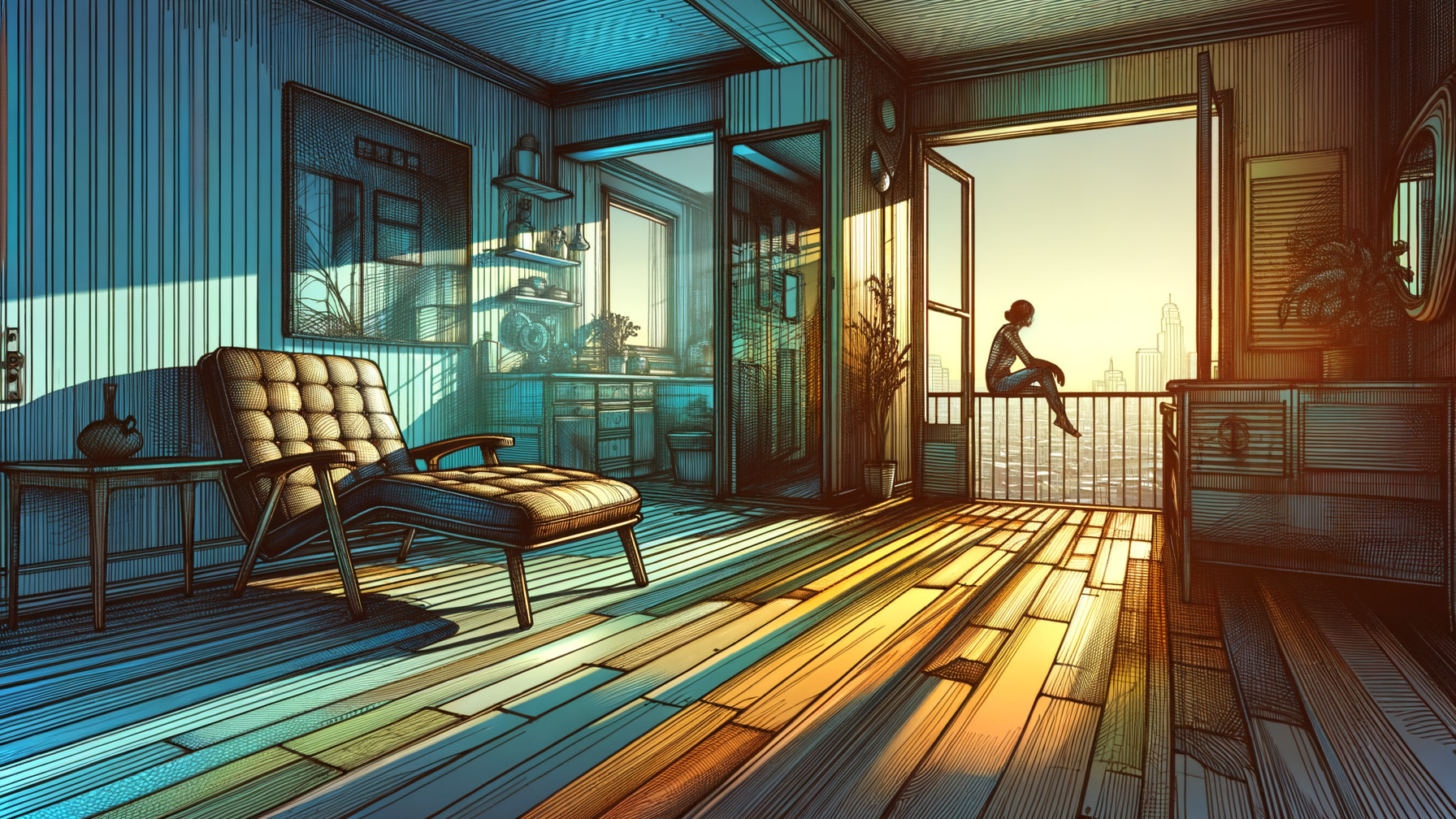 Cozy Sunlit Room with Balcony and City Skyline View