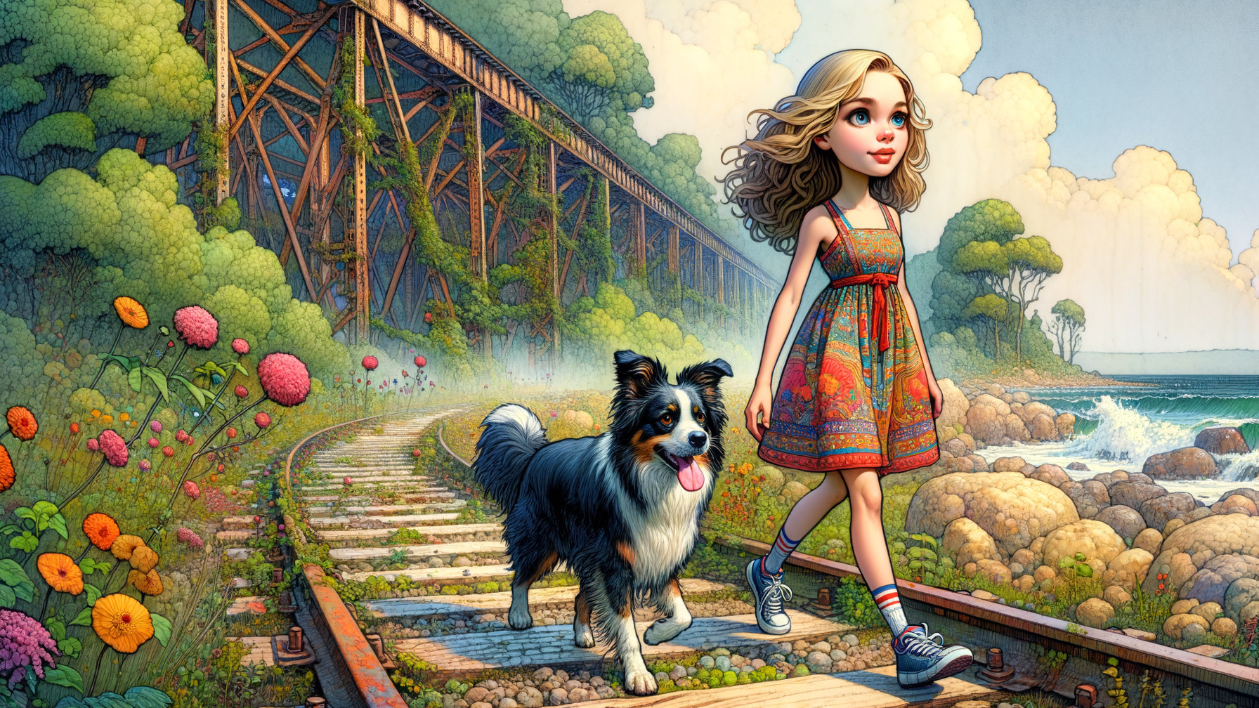 Young girl with border collie by ocean path
