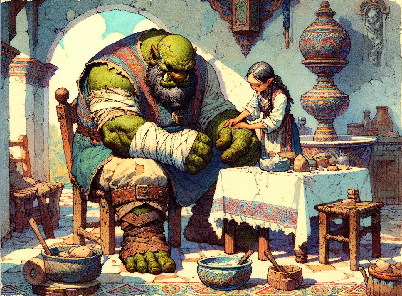 Orc and Girl Share Care in Rustic Setting