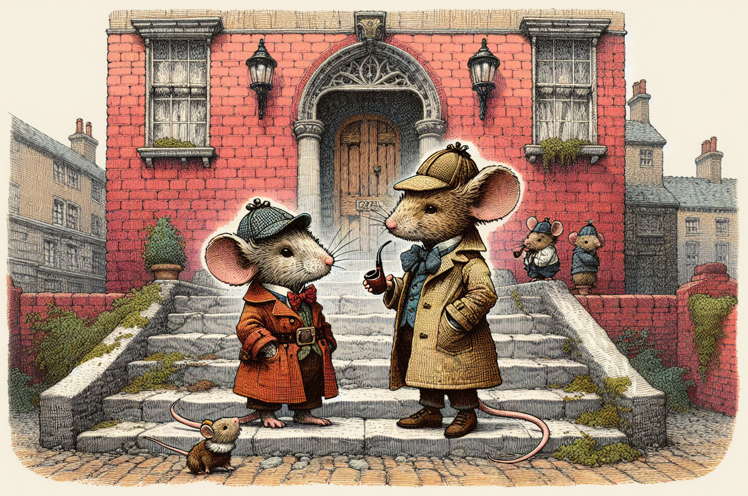 Detective Mice in Trench Coats at Brick Building Steps