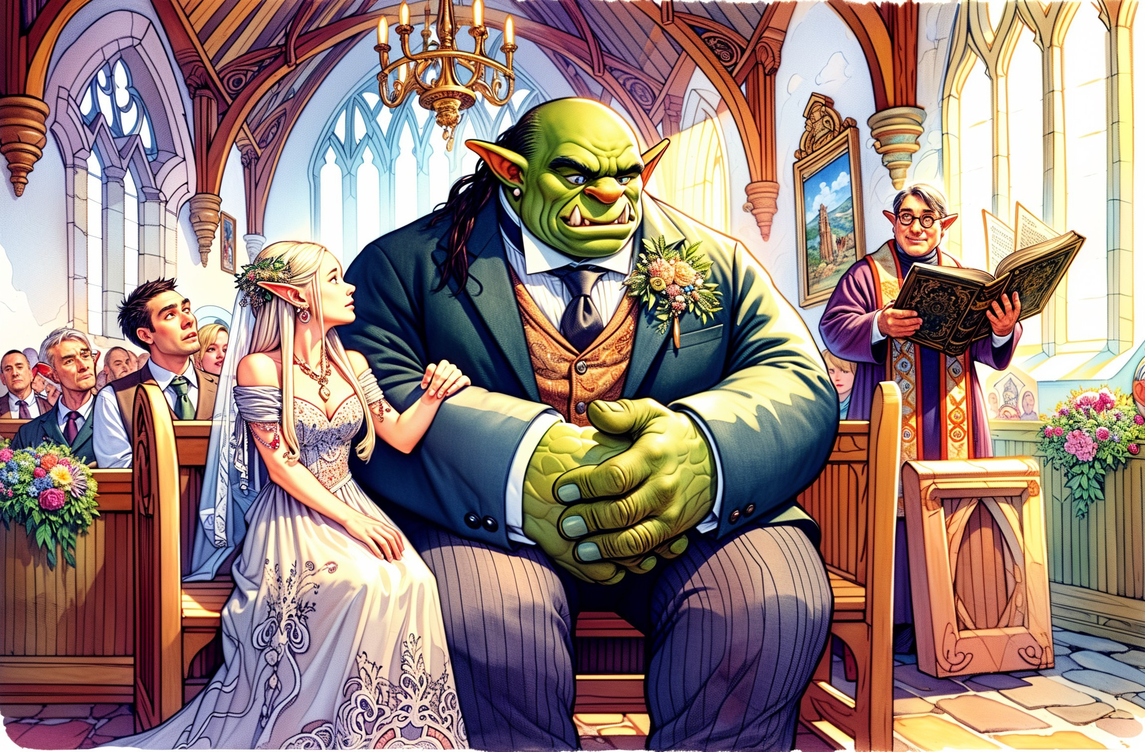 Whimsical Wedding Scene with Ogre and Bride in Church