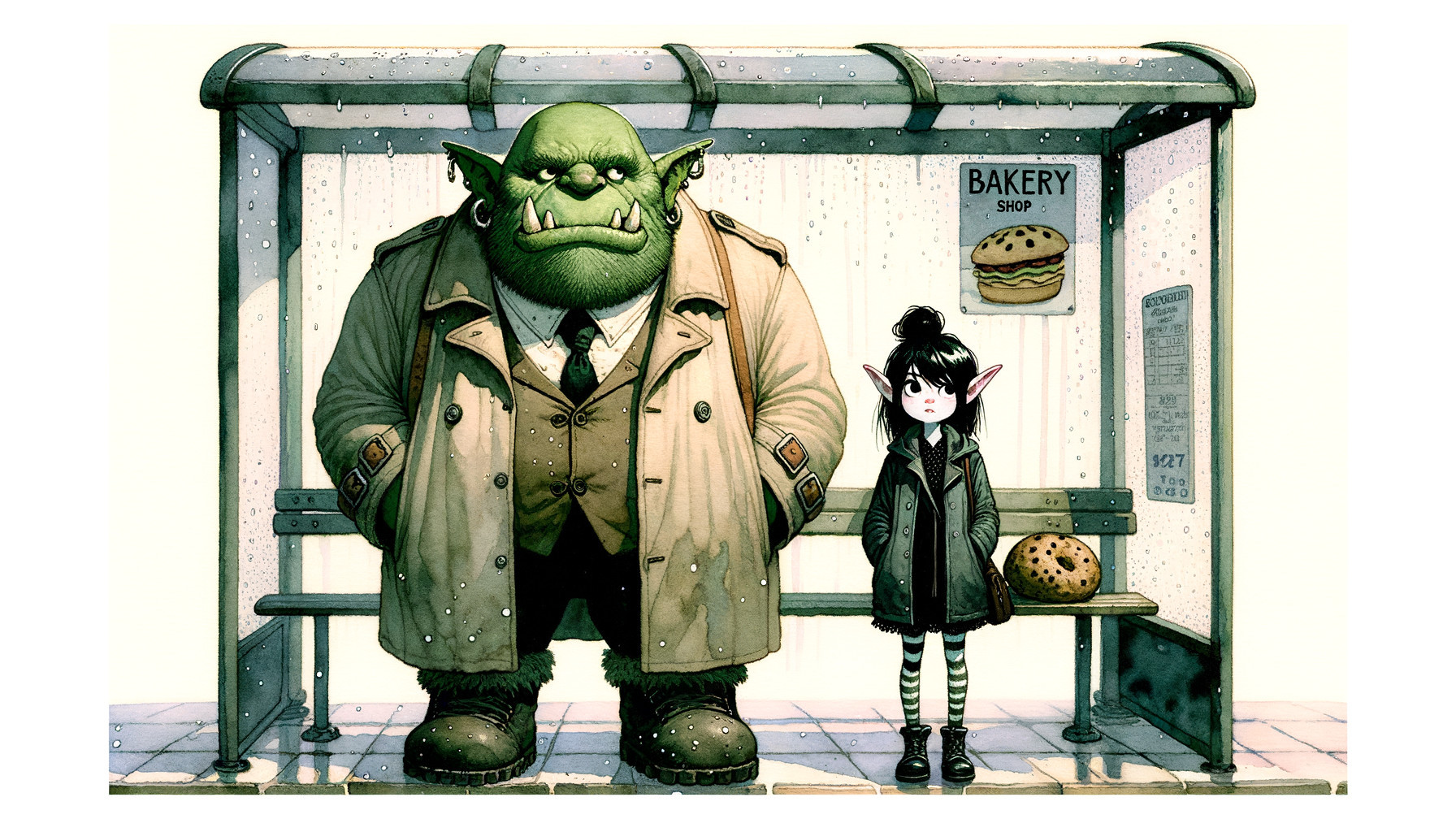 Orc and Girl at Rainy Bus Stop with Bakery Sign