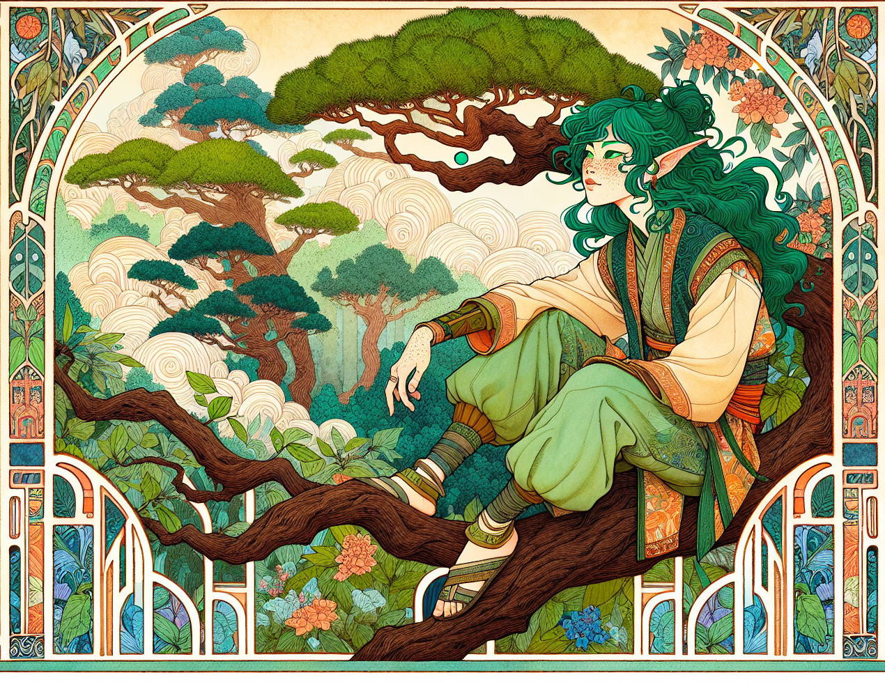 Whimsical figure with green hair in lush landscape