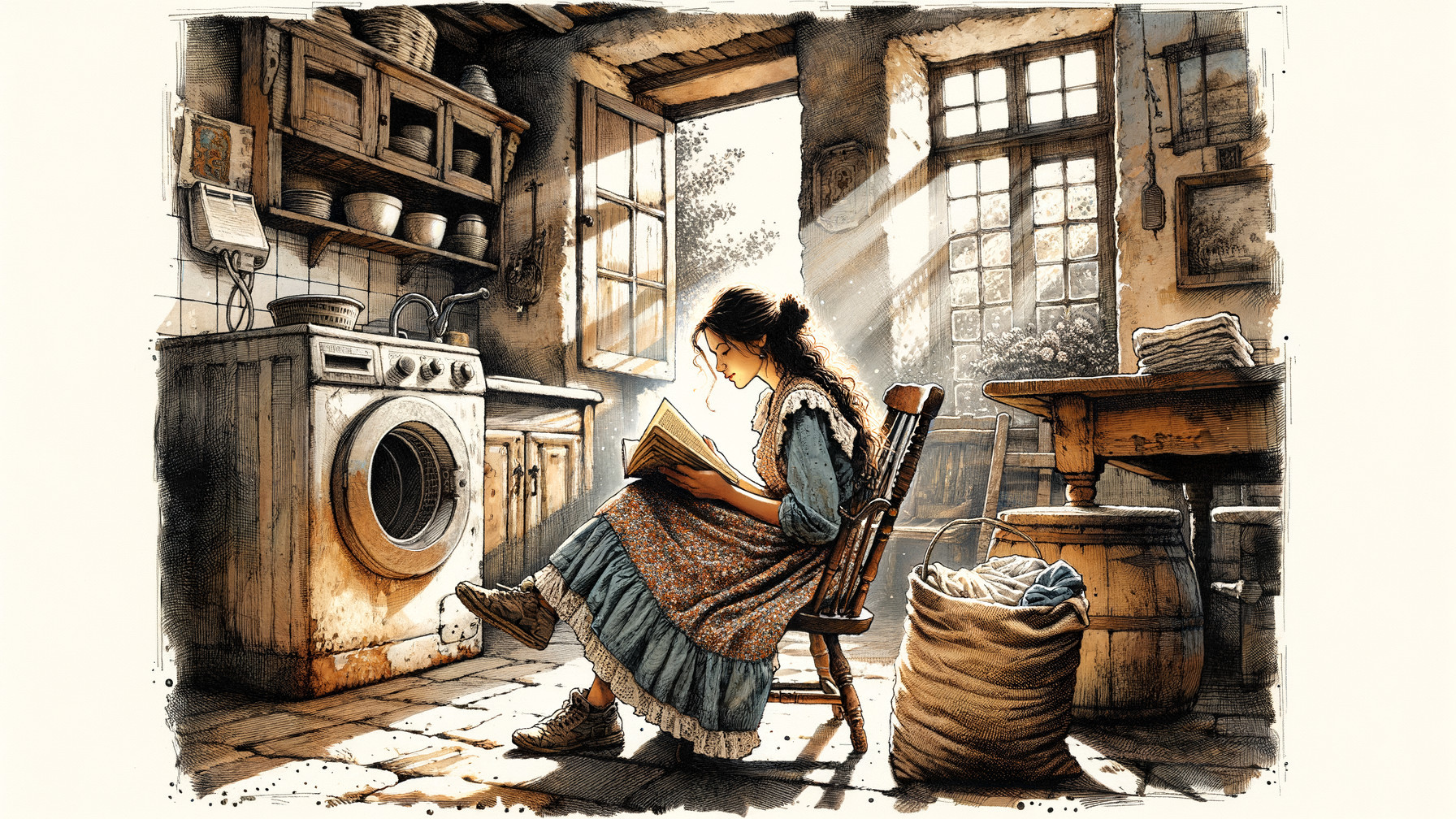 Sunlit Kitchen with Young Girl Reading in Vintage Dress