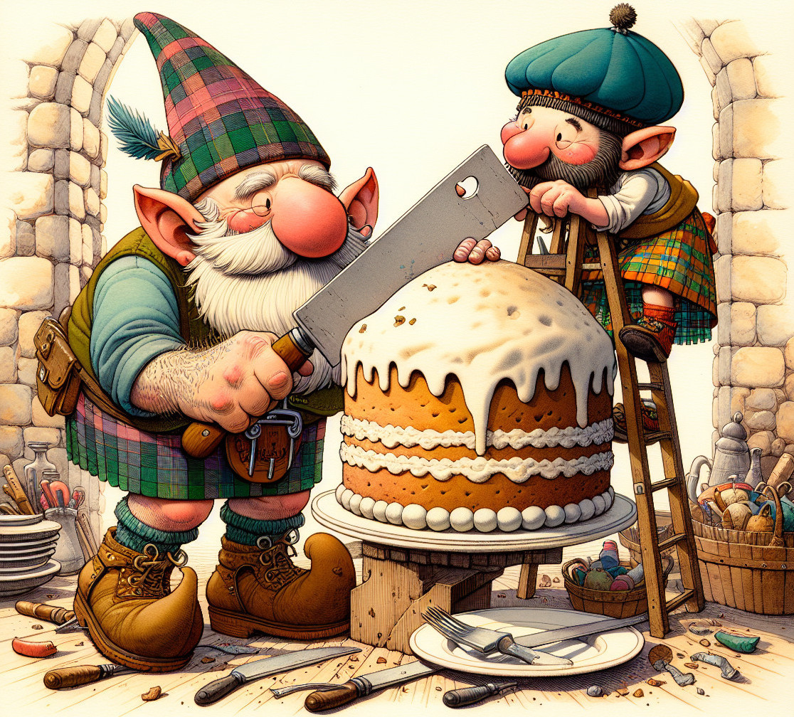 Gnomes Baking a Large Frosted Cake in Cozy Kitchen