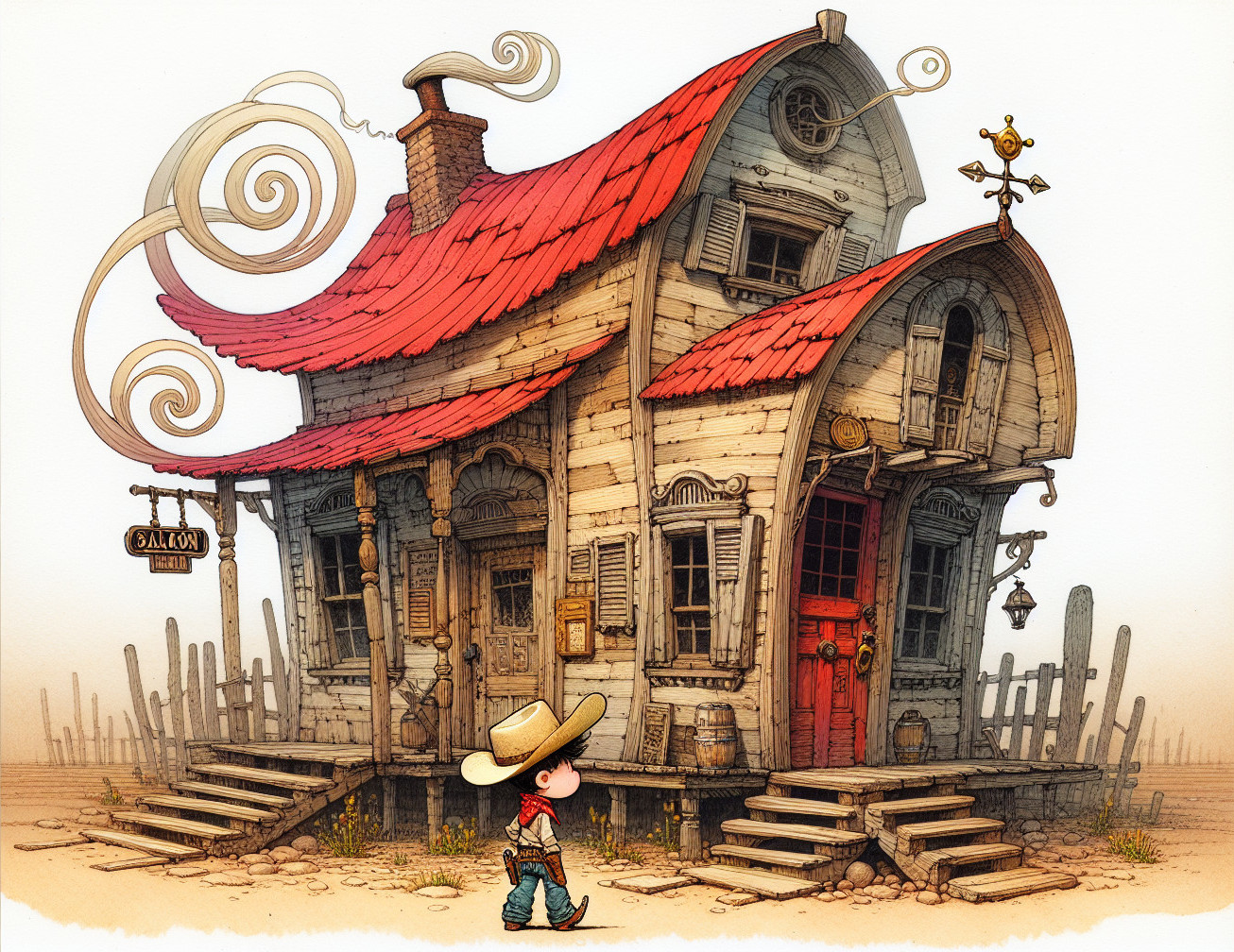 Whimsical Rustic House with Red Roof and Cowboy