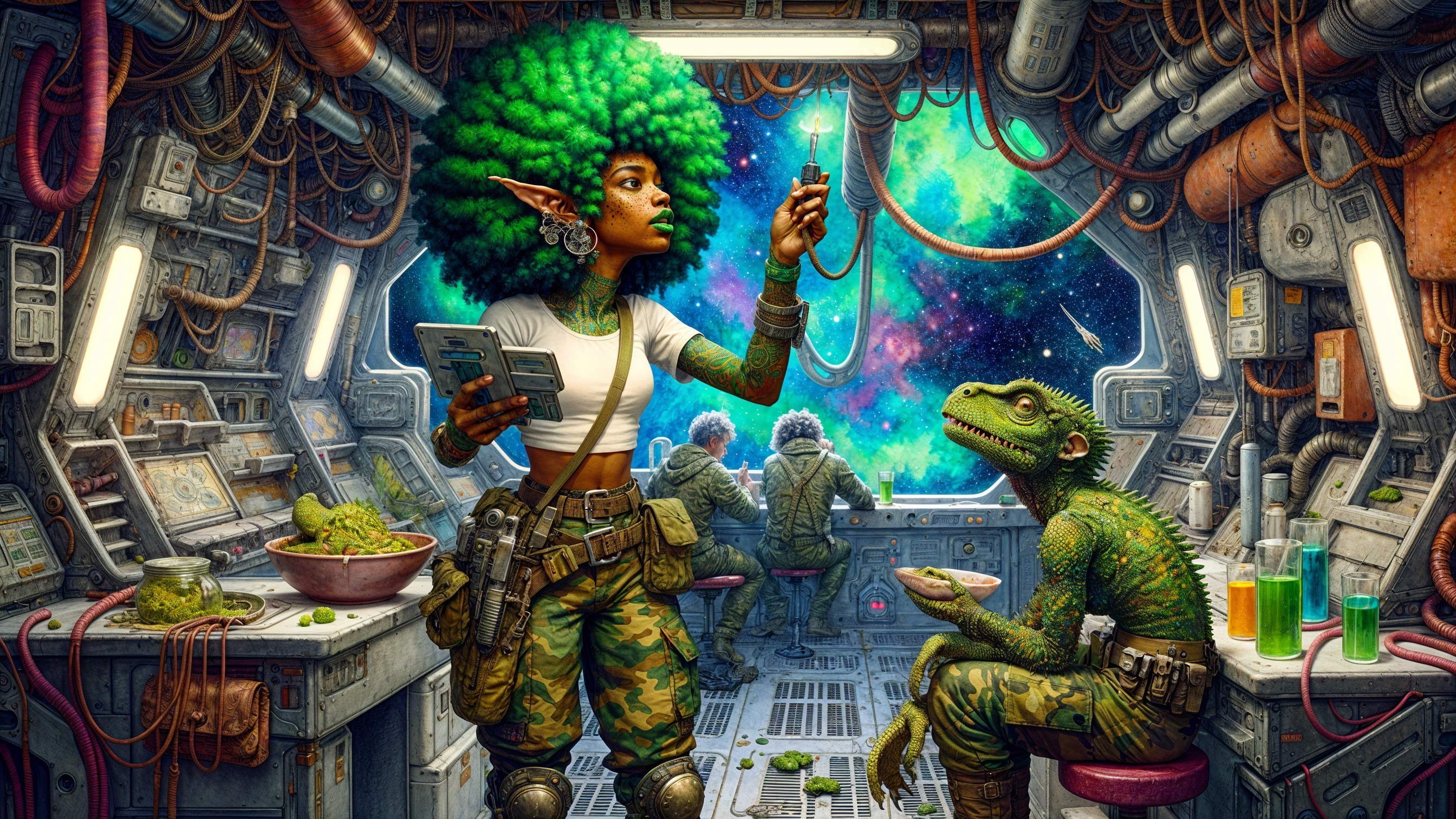 Futuristic spacecraft interior with vibrant characters and scenery
