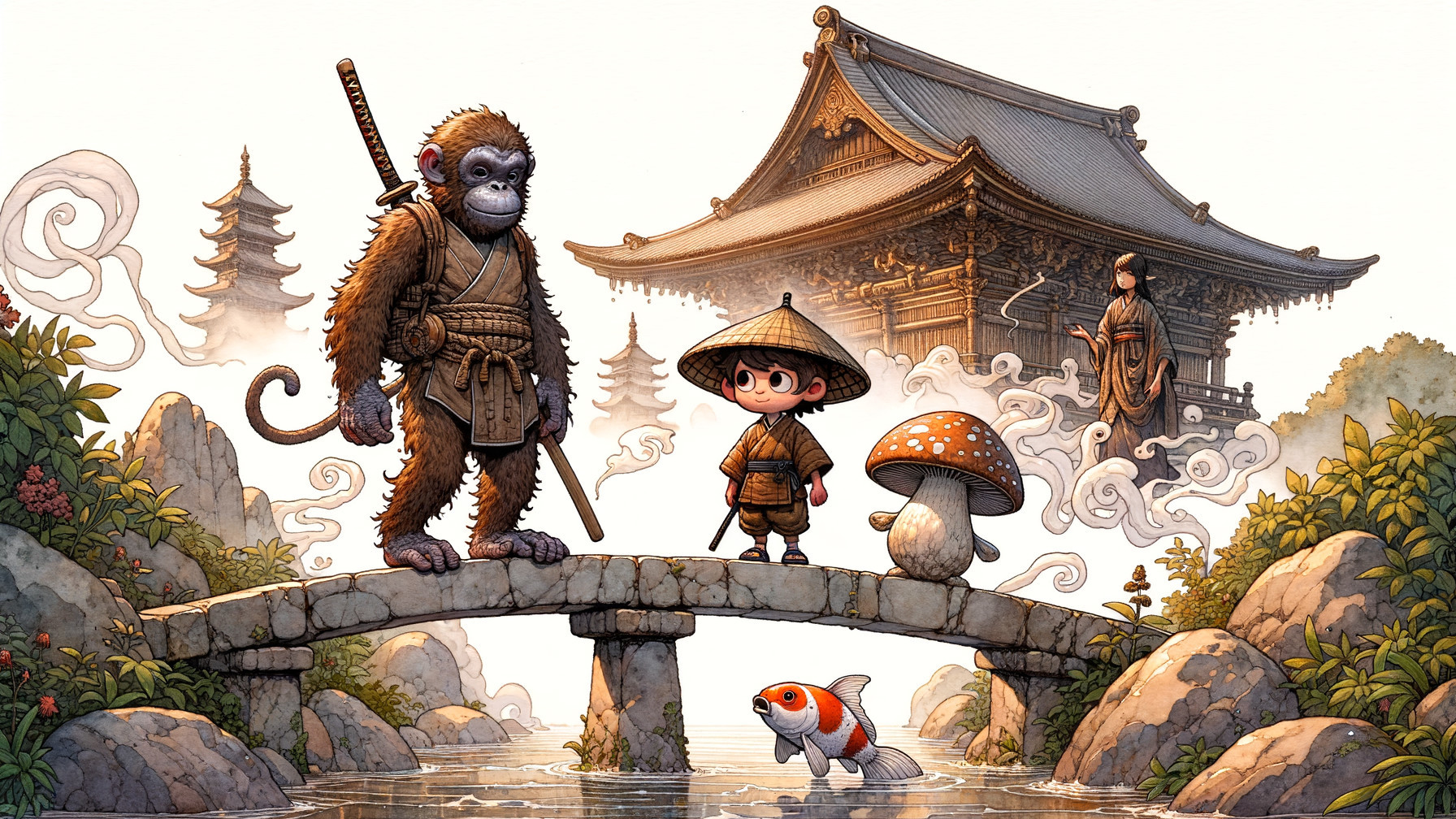 Whimsical Scene of Monkey, Boy, and Mushroom by Temple