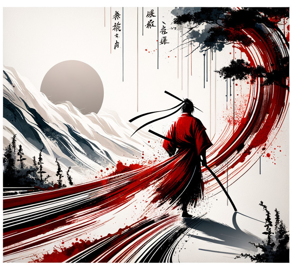 Lone Warrior in Red Robe Against Majestic Mountains