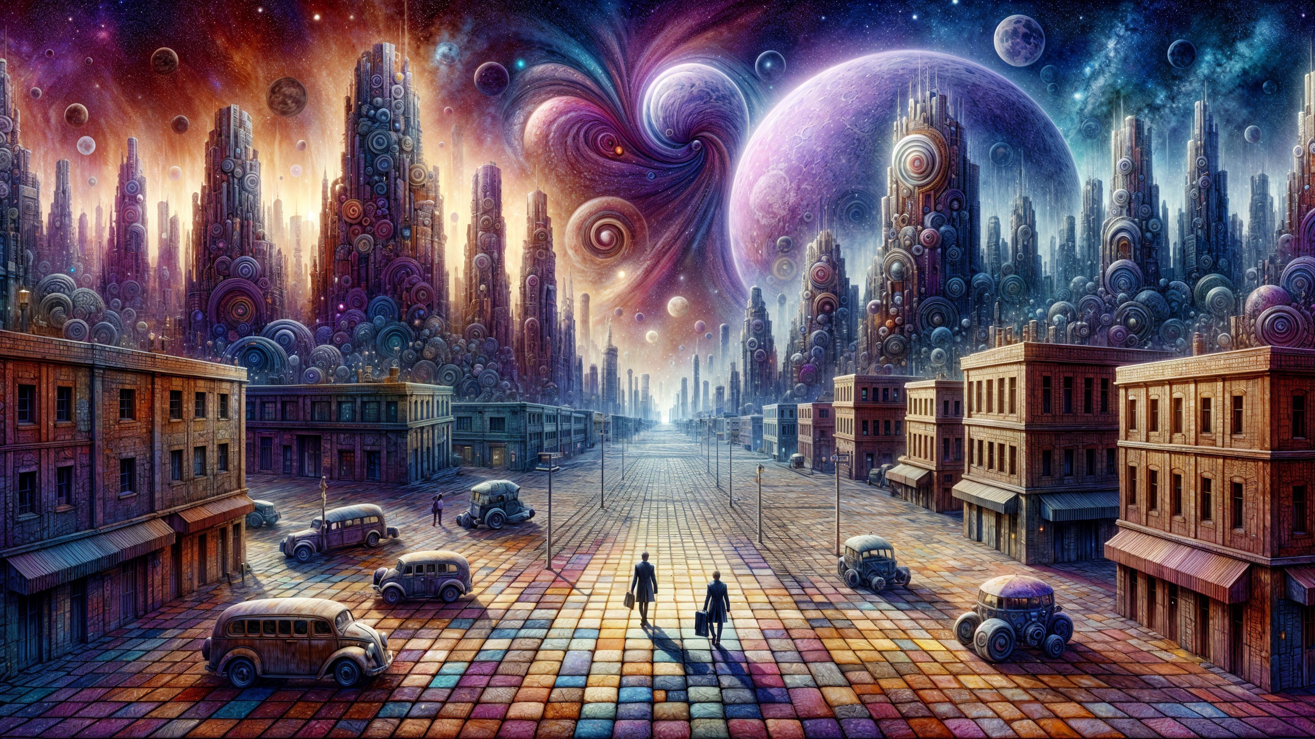 Surreal cityscape with vibrant skyscrapers and cosmos
