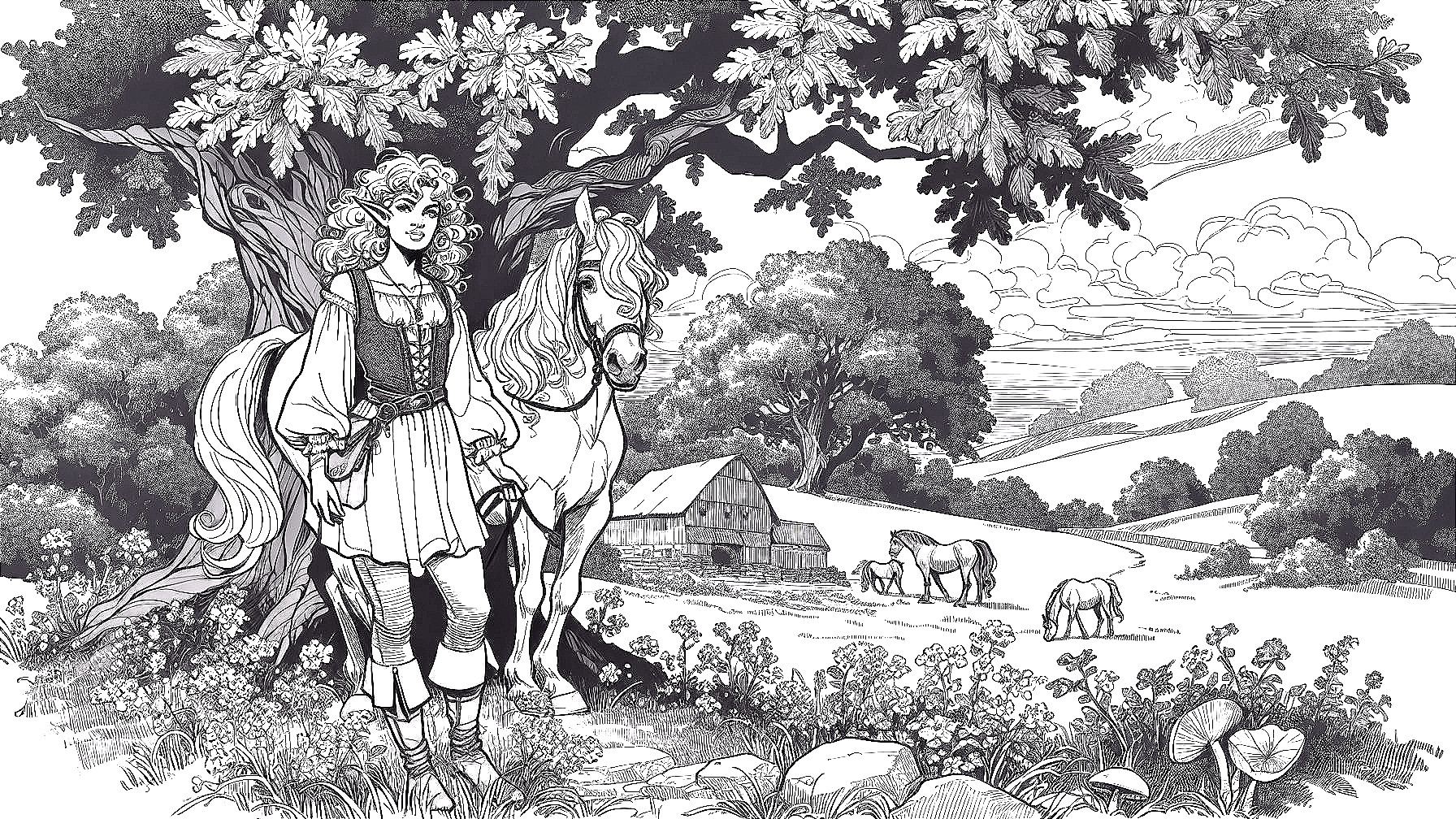 Whimsical Black-and-White Rural Landscape Illustration