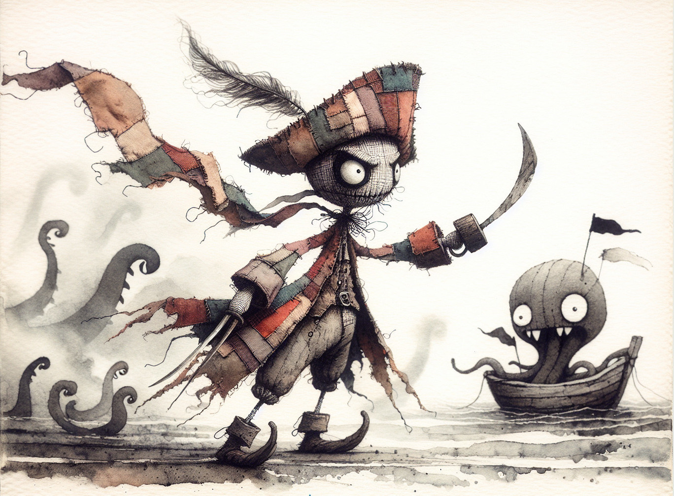 Whimsical Pirate Character on Sandy Shore with Monster