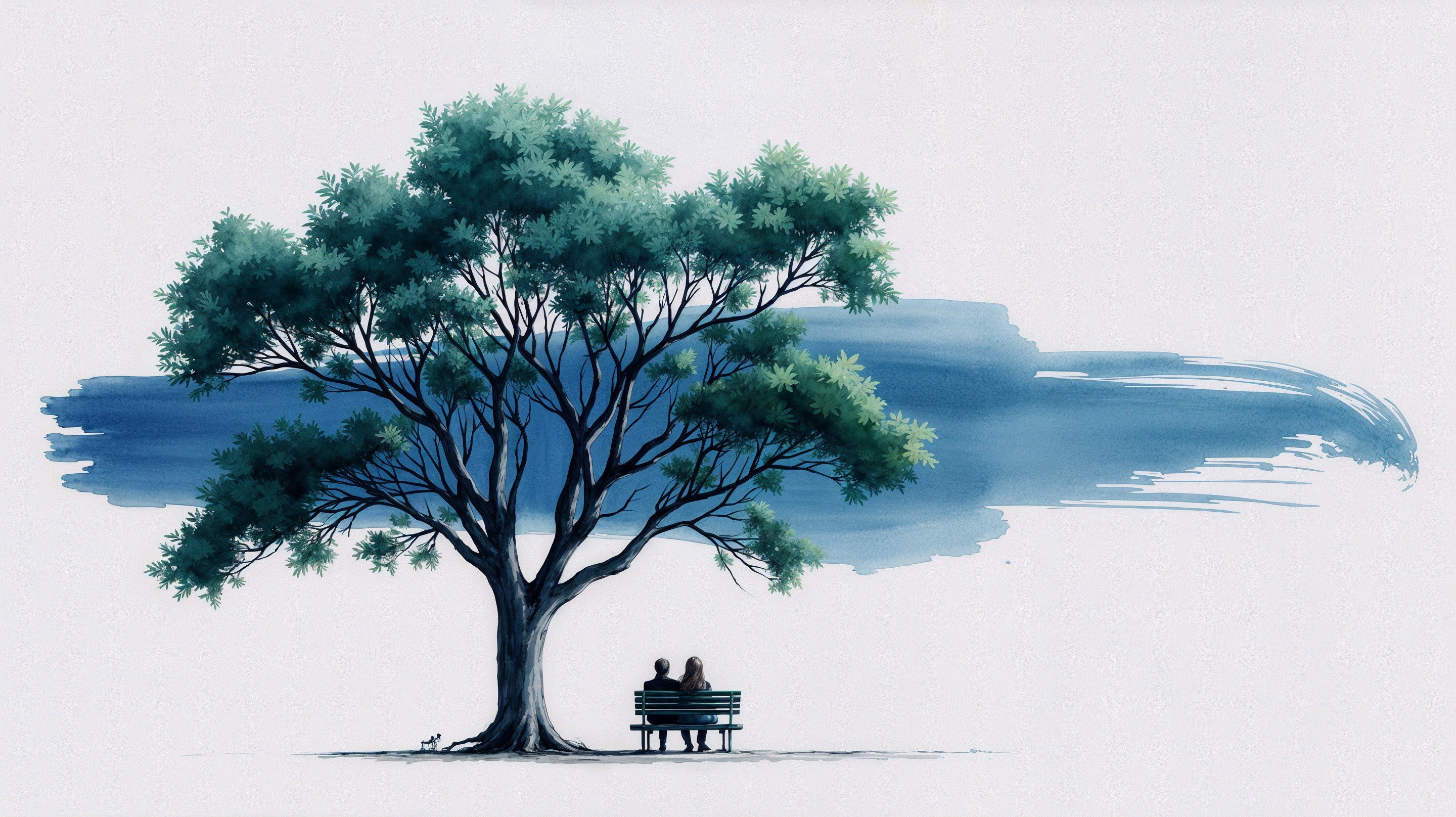 Serene Scene of Tree and Bench with Silhouetted Figures