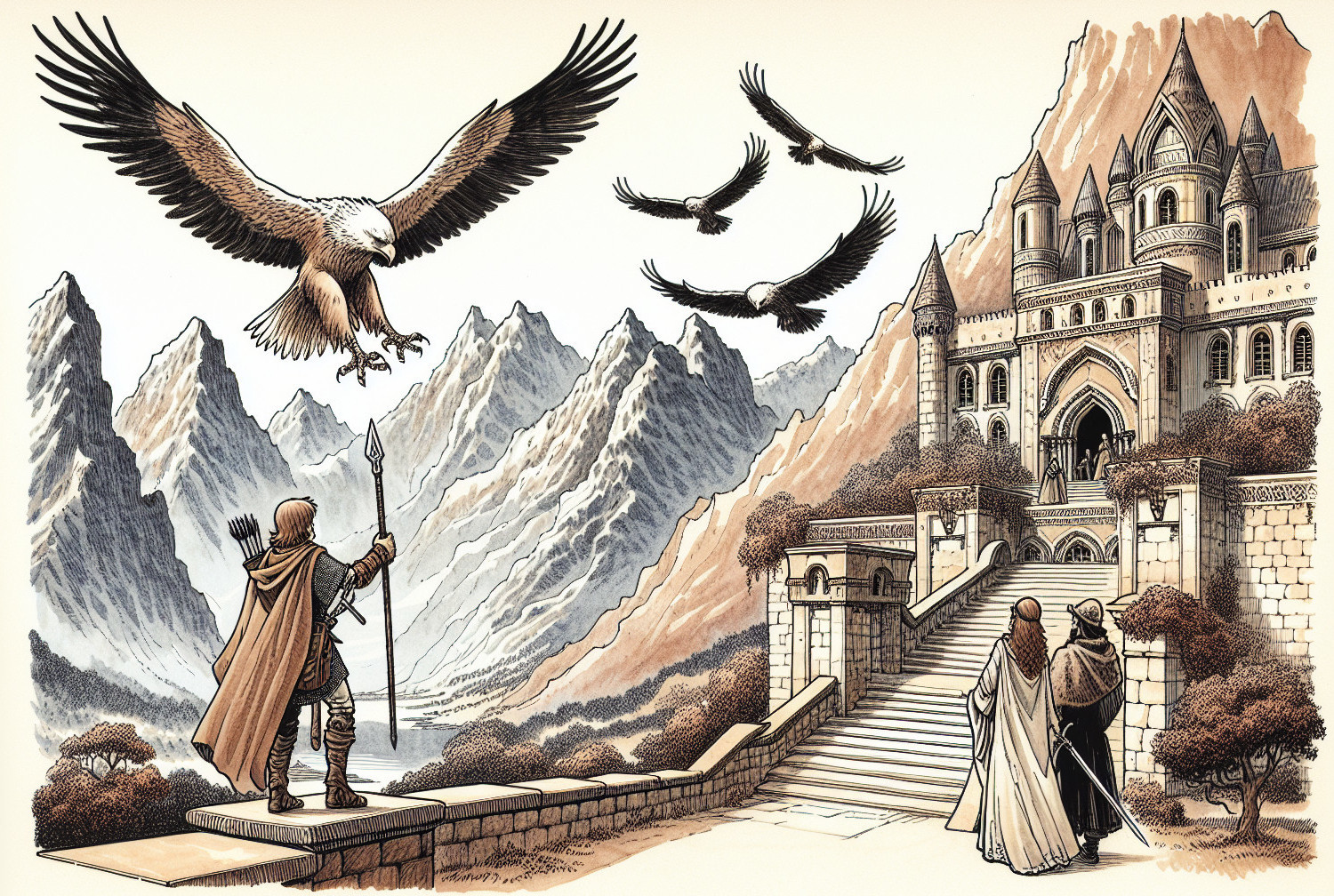 Lone Figure on Staircase with Castle and Eagles