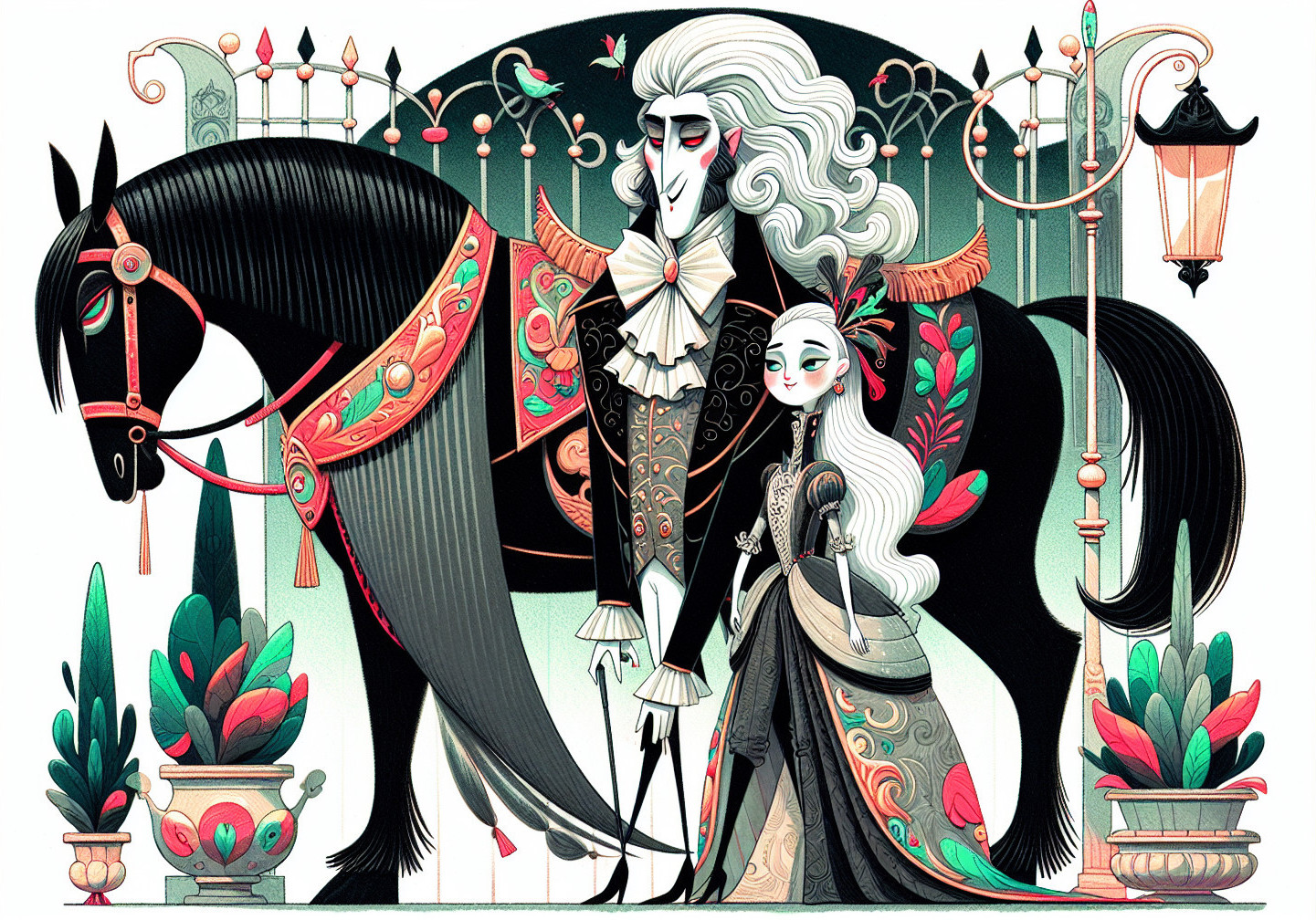 Elegant Gentleman with Black Horse and Young Woman