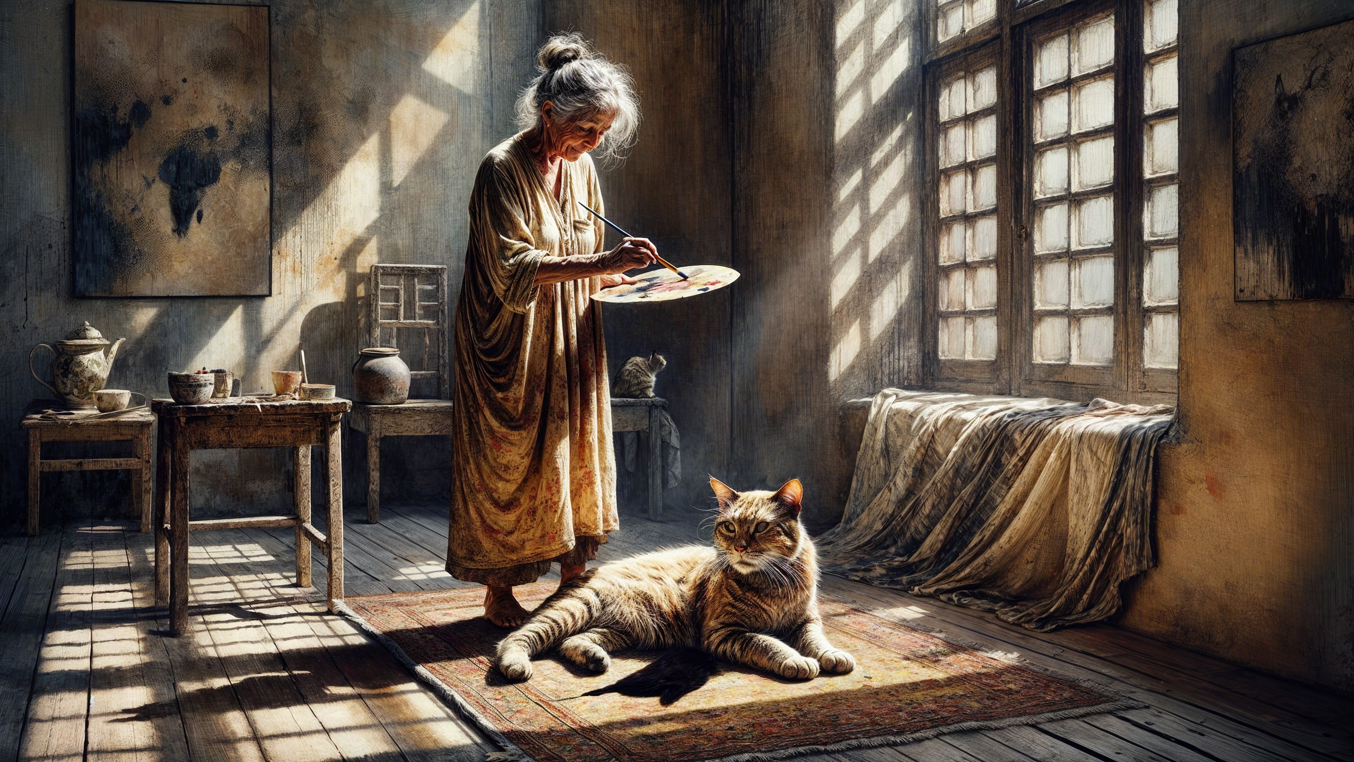 Elderly Woman Painting in Sunlit Room with Cat