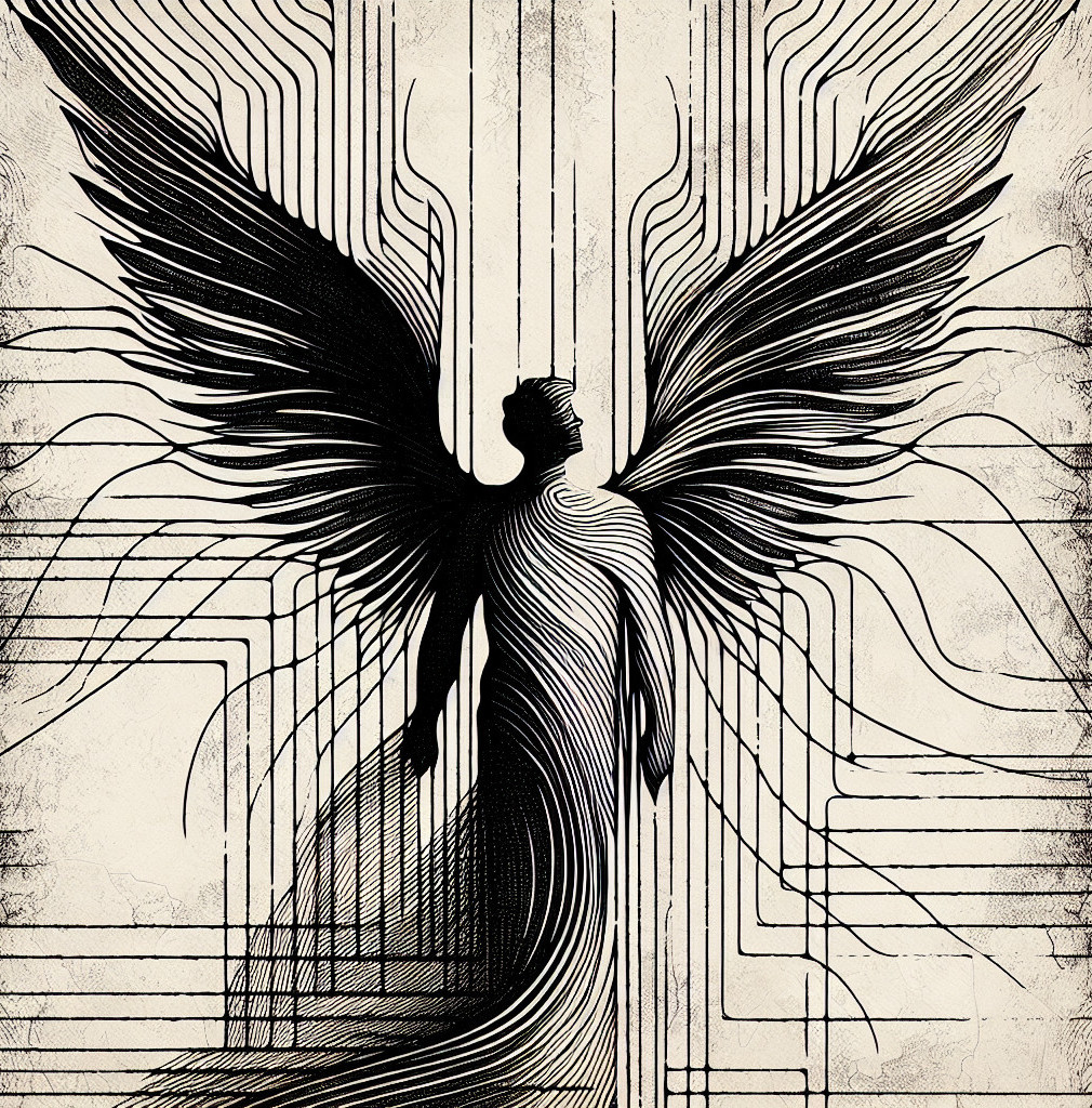 Stylized Angel Figure with Intricate Wings and Patterns