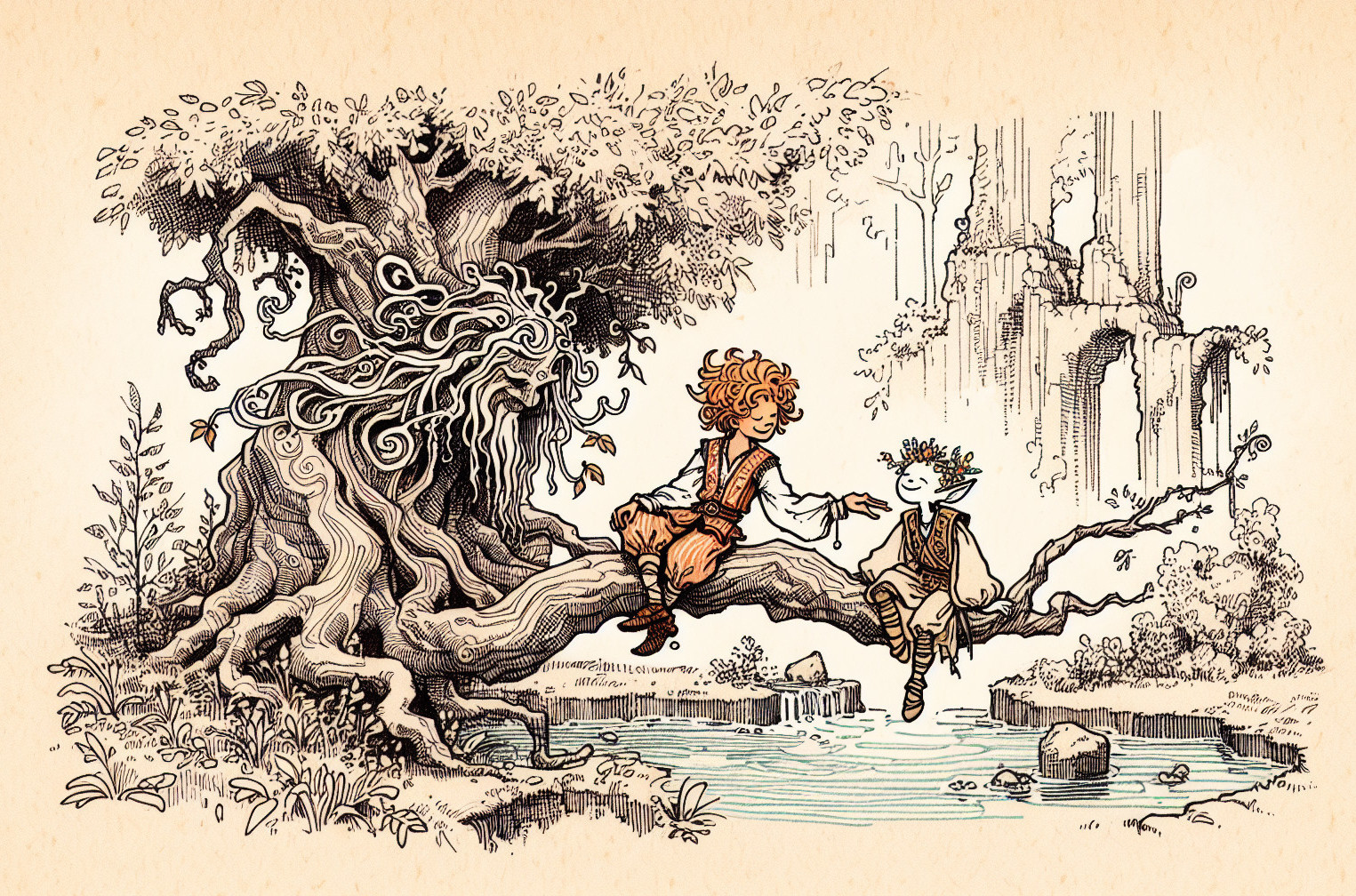 Whimsical Forest Scene with Playful Figures and Pond