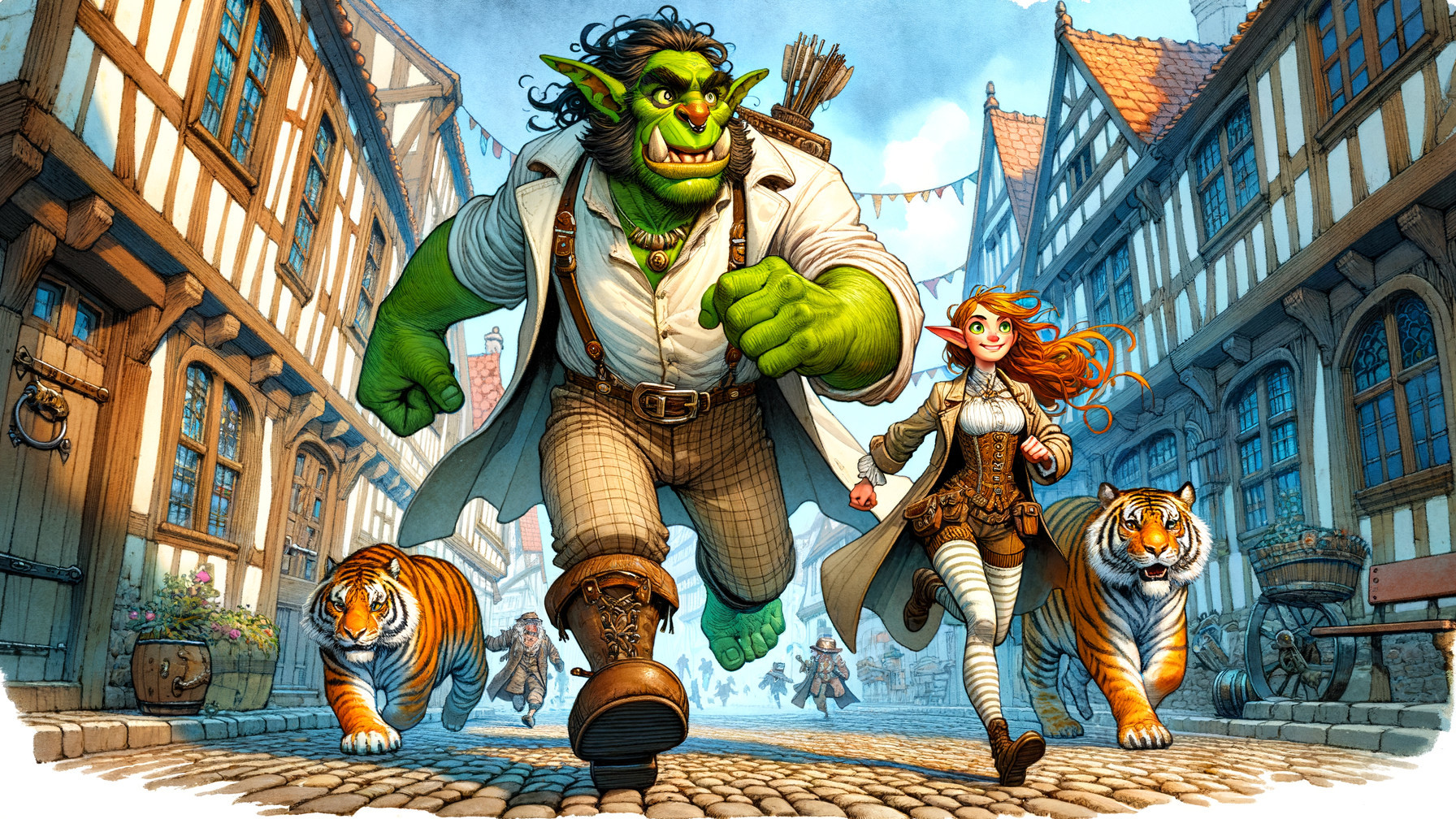 Orc and Young Woman in Medieval Town with Tigers