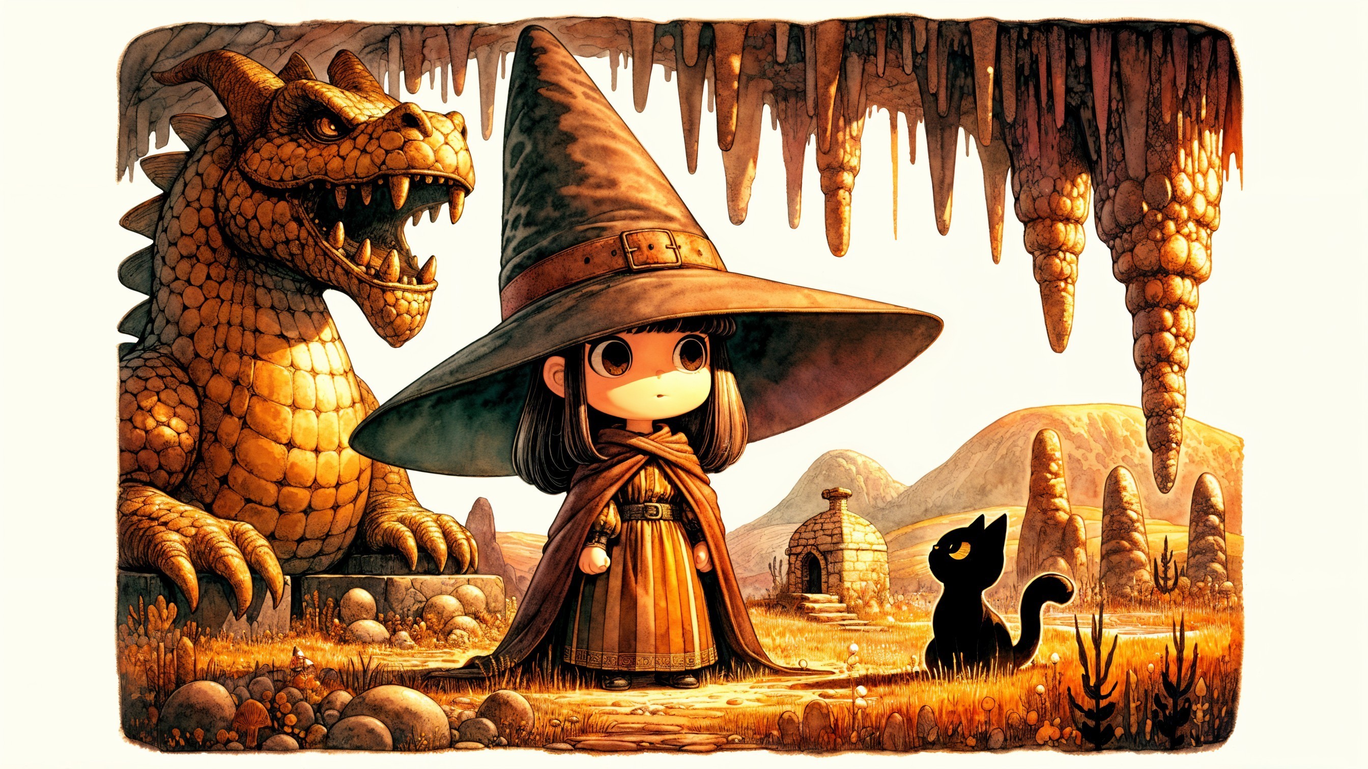 Underground Scene with Witch, Cat, and Stone Dragon