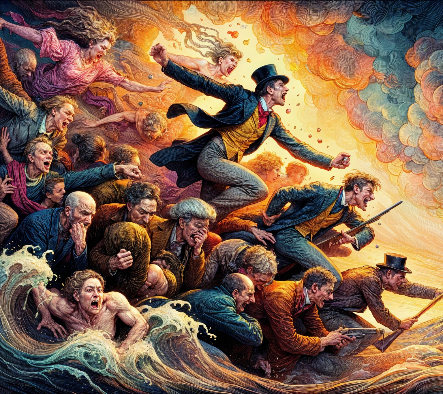 Chaotic Escape Scene with 19th-Century Figures