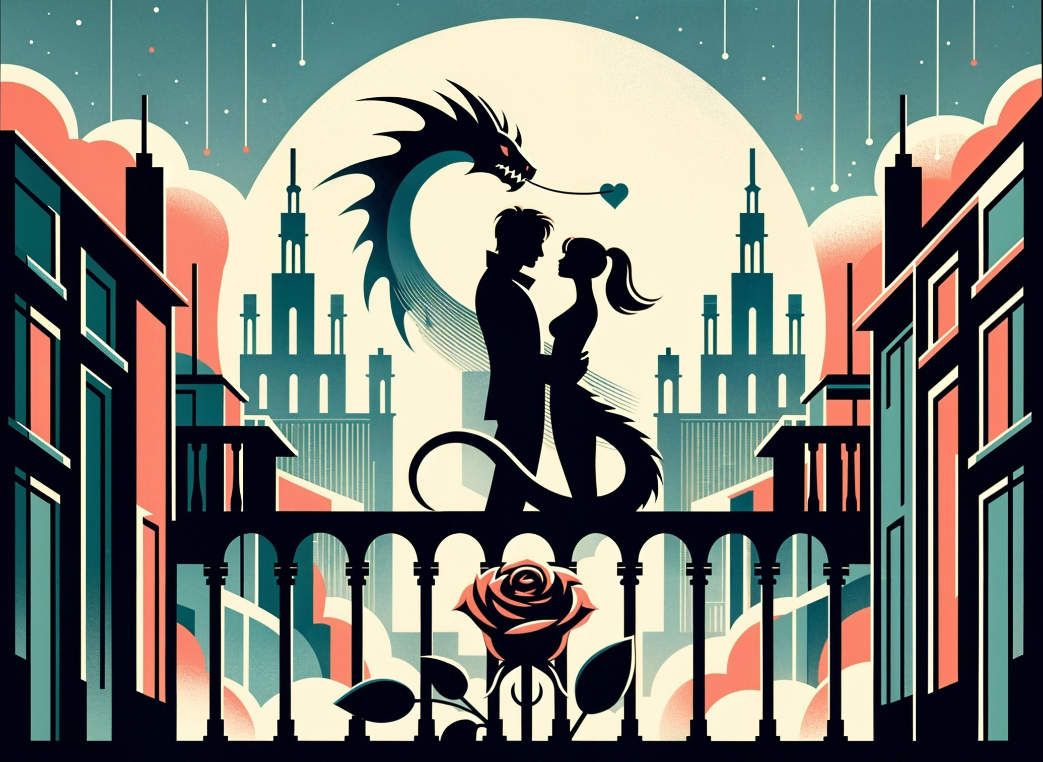 Couple Silhouette on Bridge with Dragon and Moon