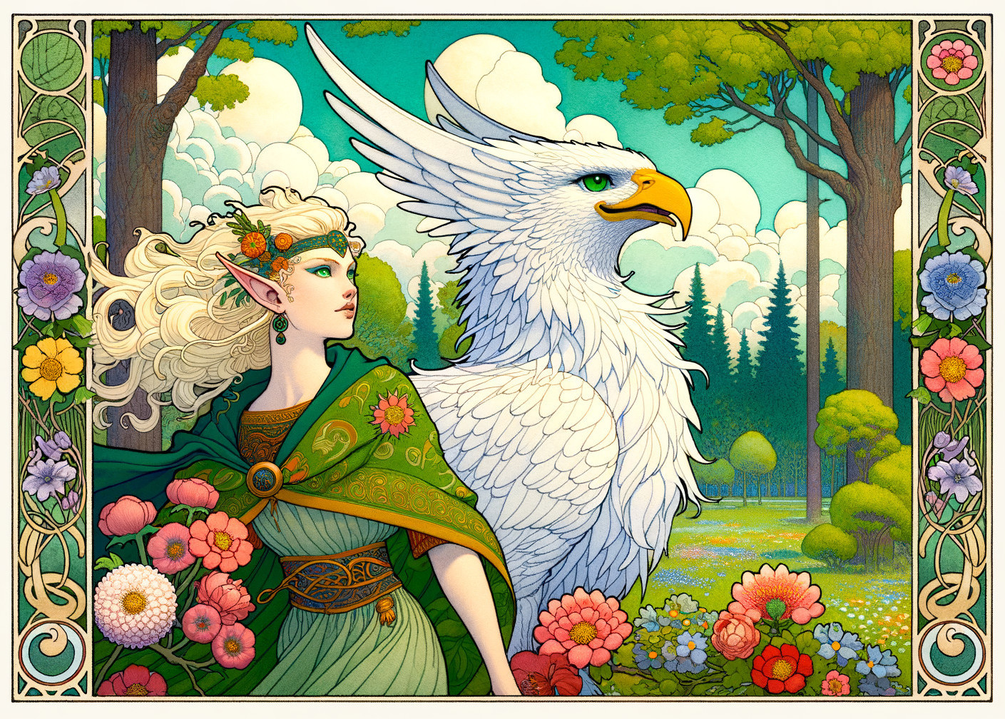 Elfin Woman and Griffin in Vibrant Forest Scene