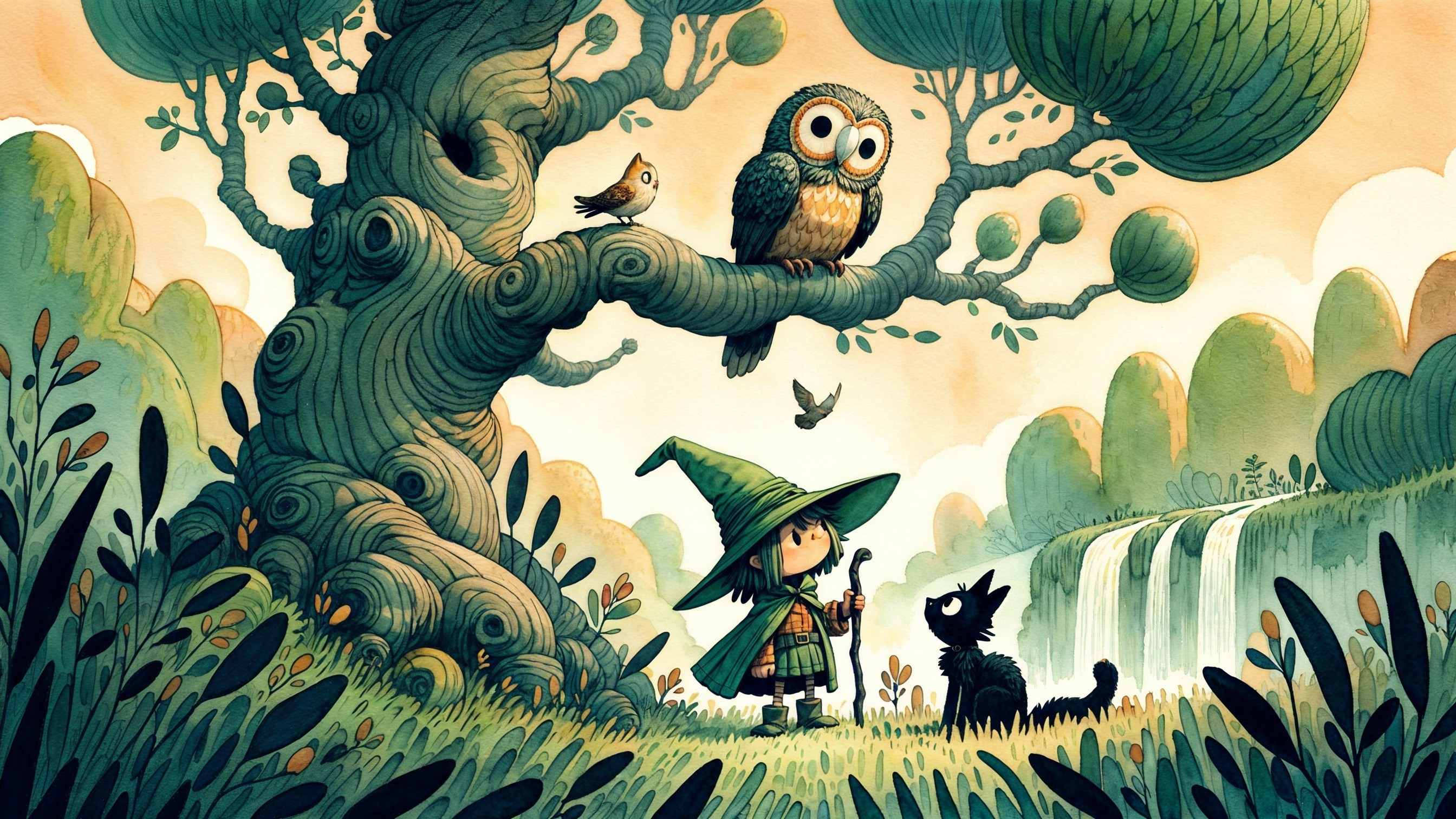 Whimsical Scene of a Young Witch and Nature Elements