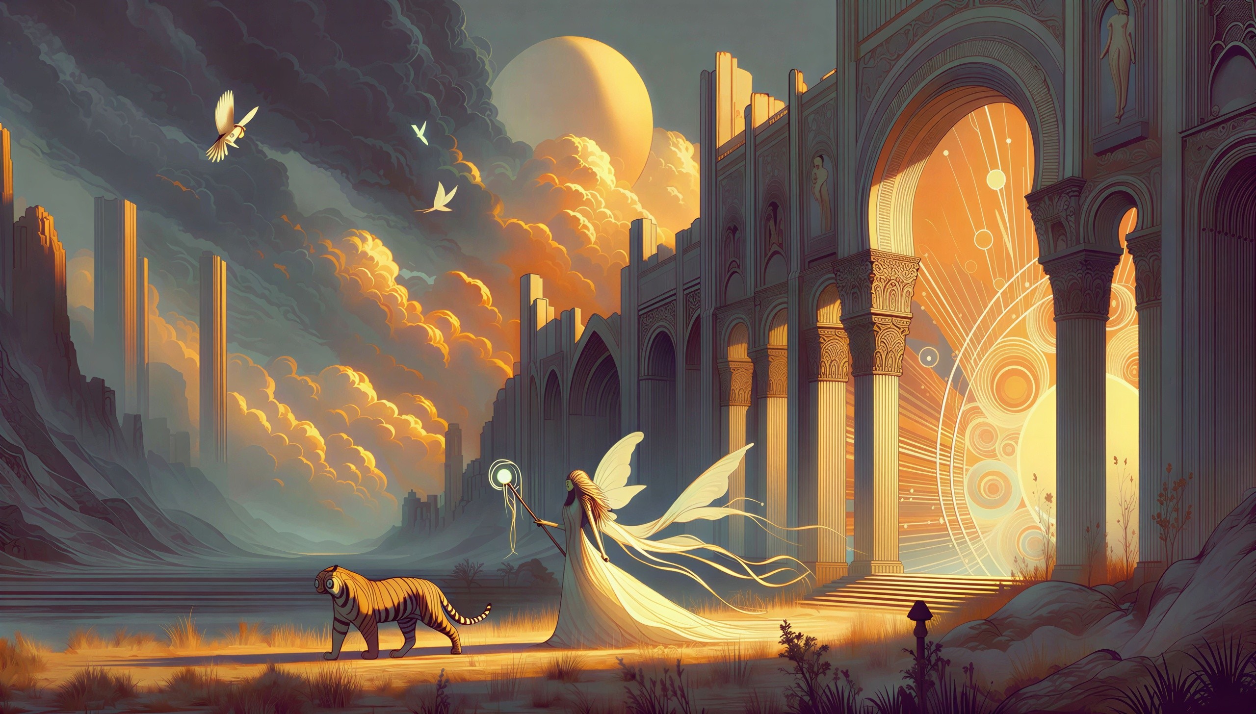 Ethereal Landscape with Fairy Wings and Grand Building