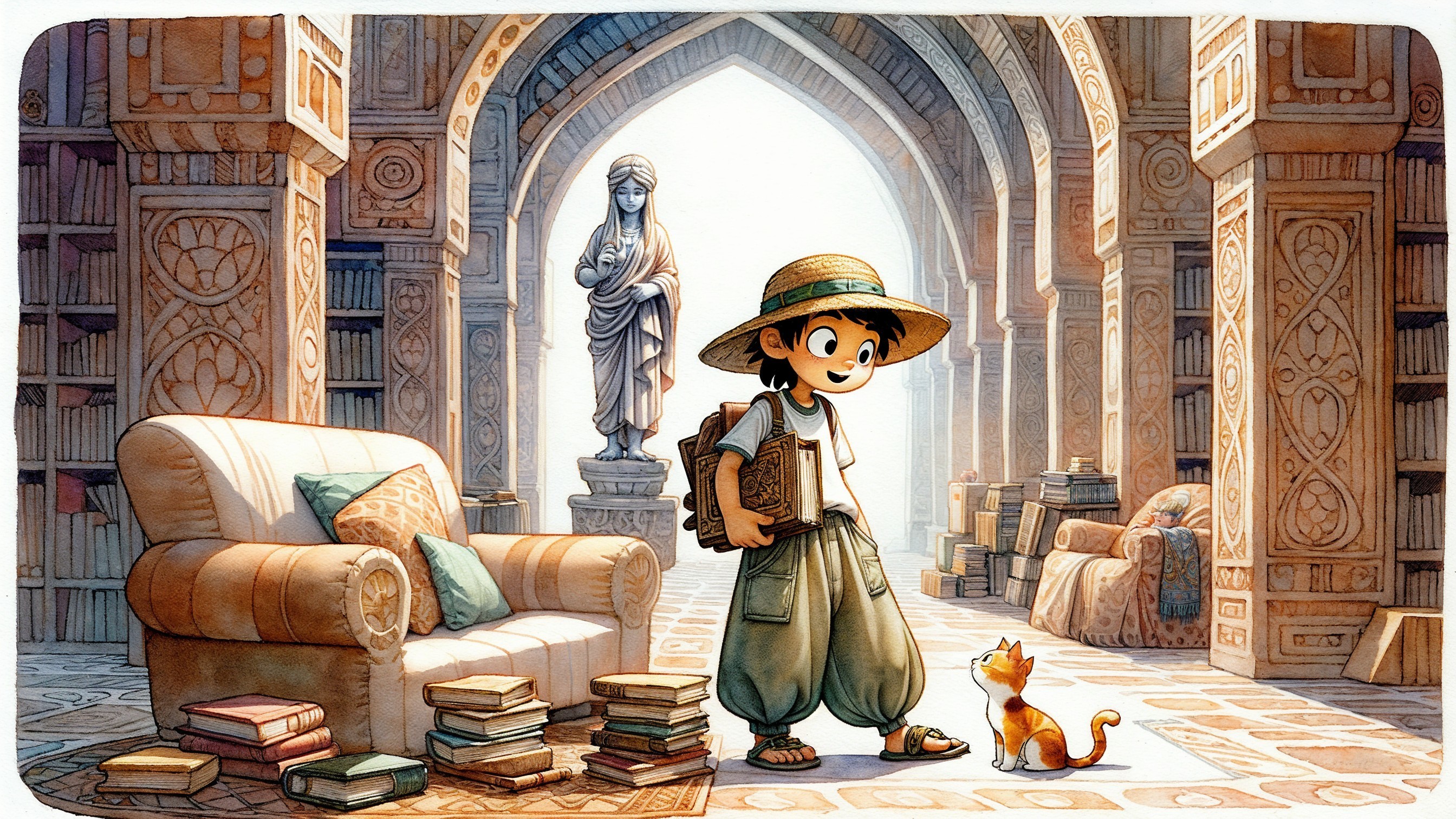 Young Boy in Straw Hat in Grand Library with Cat