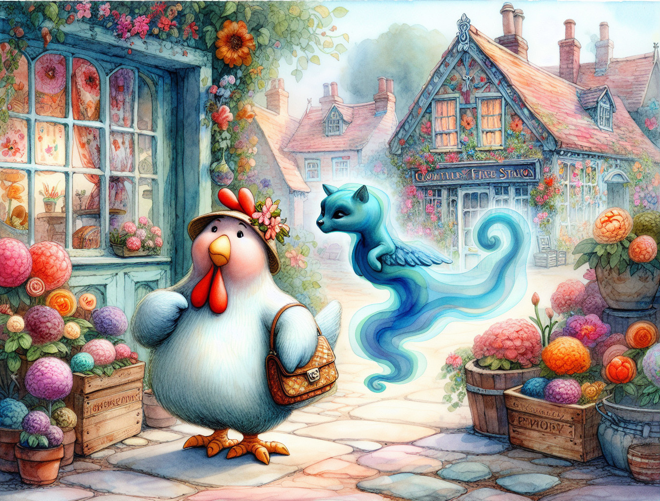 Cheerful Chicken and Spirit in Charming Village Scene