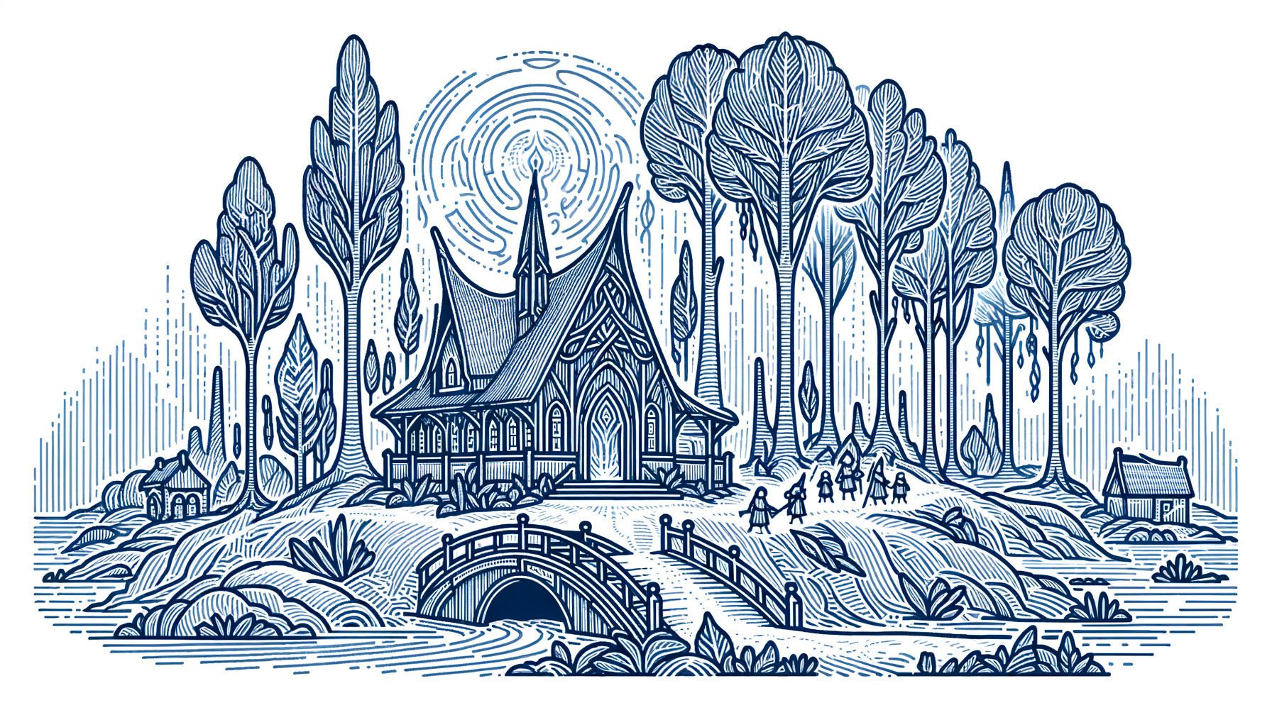 Whimsical Church in a Serene Landscape with Stream