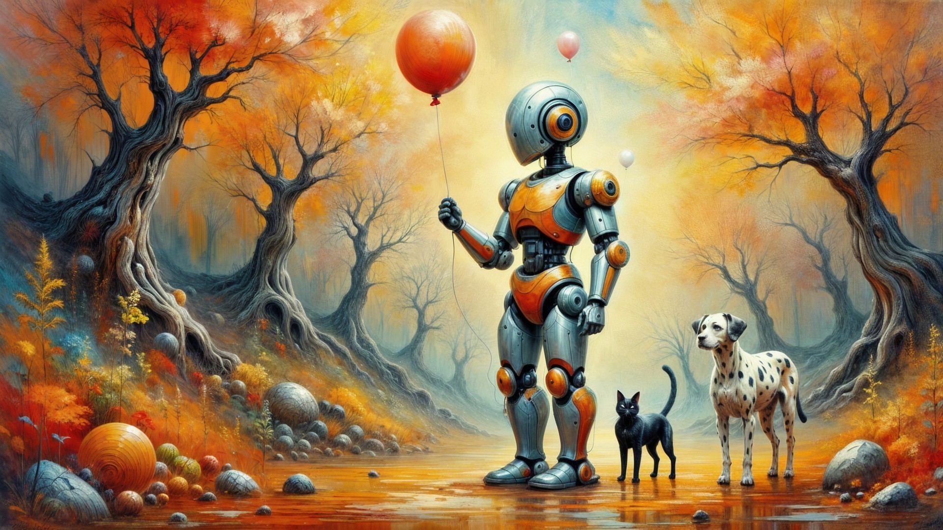 Humanoid Robot with Balloon in Autumn Landscape