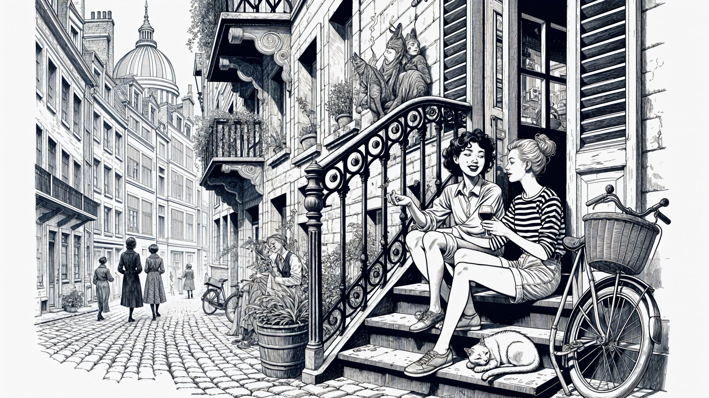 Charming Cobblestone Street Scene with Two Women and Cat