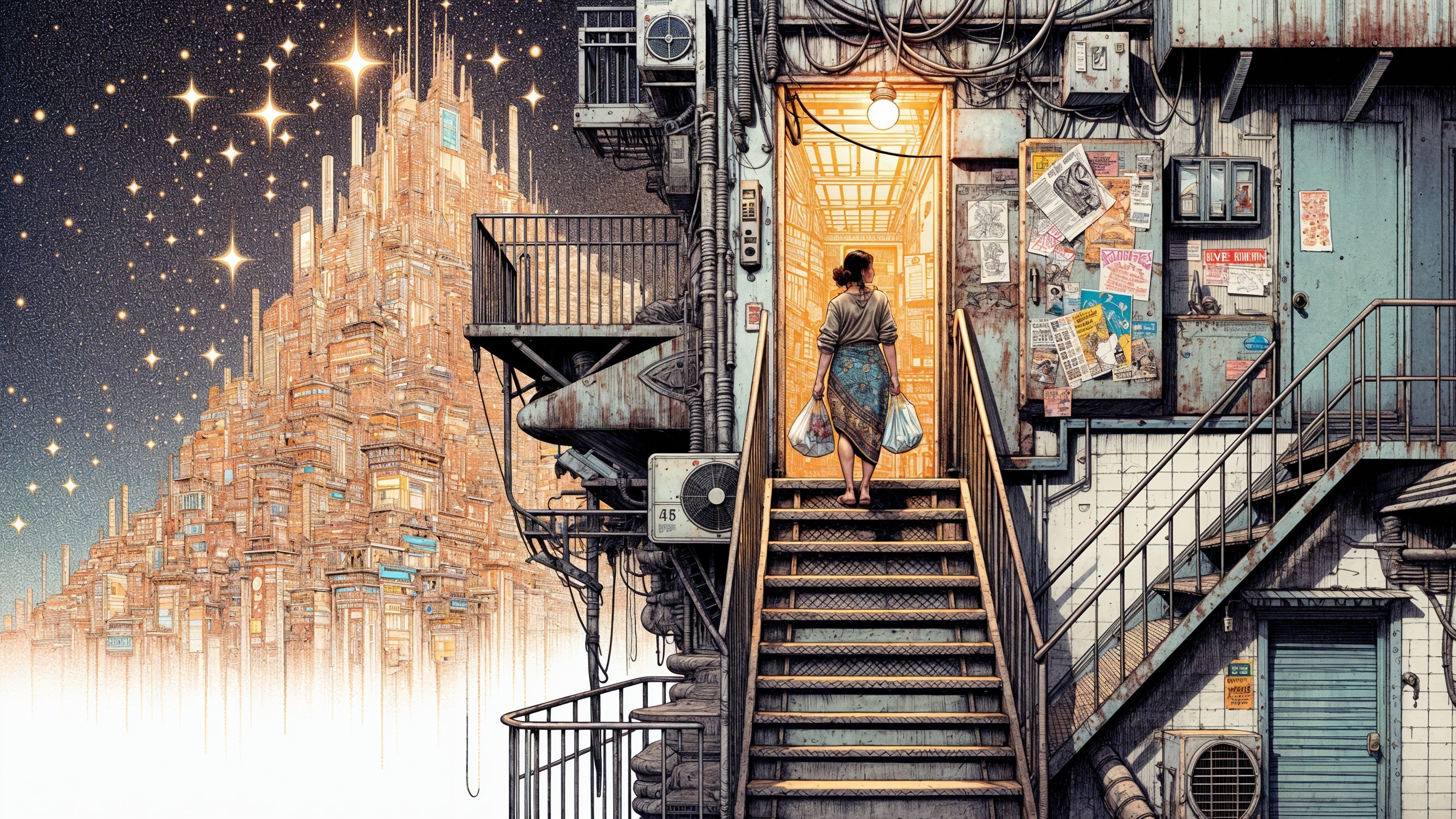 Solitary Figure on Stairway Overlooking Cityscape