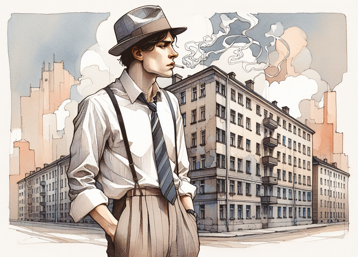 Vintage-Inspired Young Man in Urban Setting