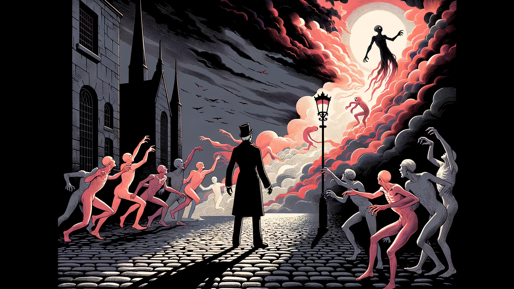 Figure in Long Coat on Cobblestone Street at Night