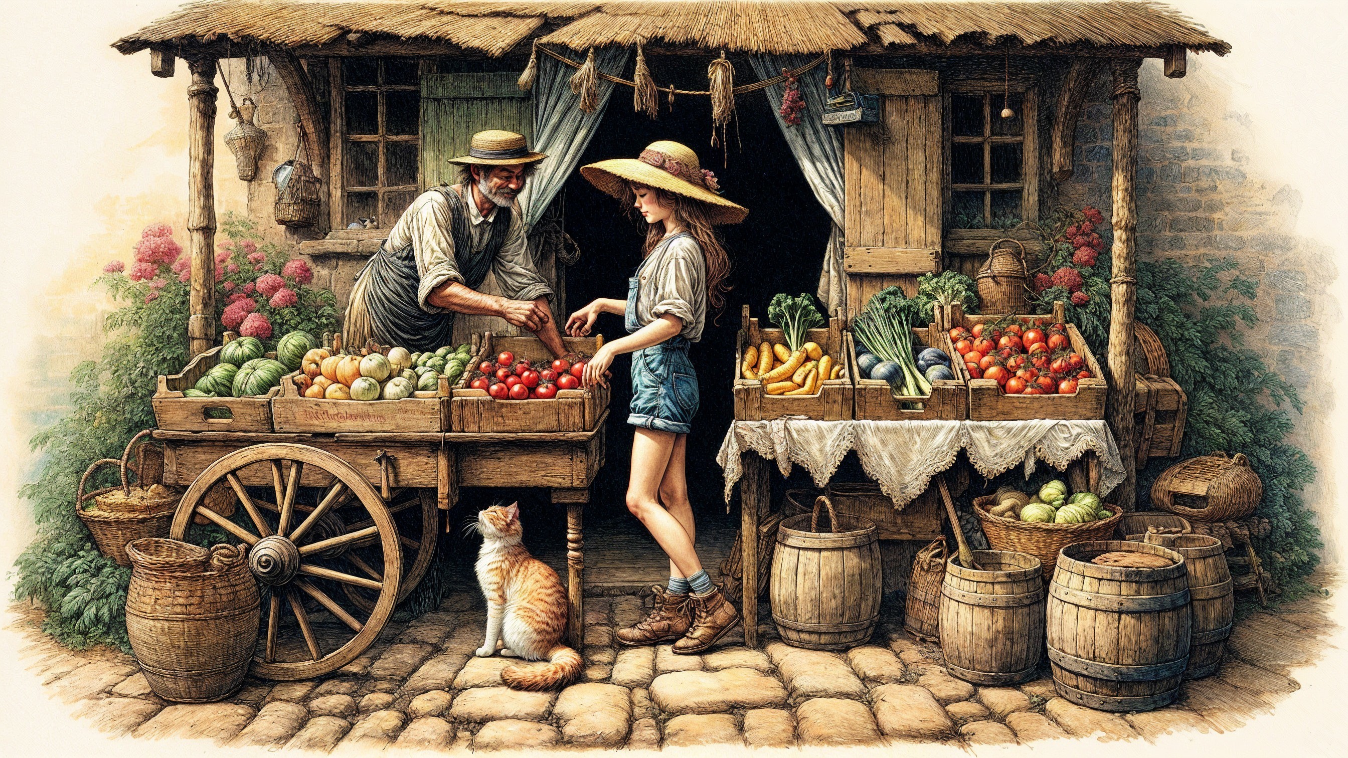 Lively Market Scene with Vendor and Fresh Produce