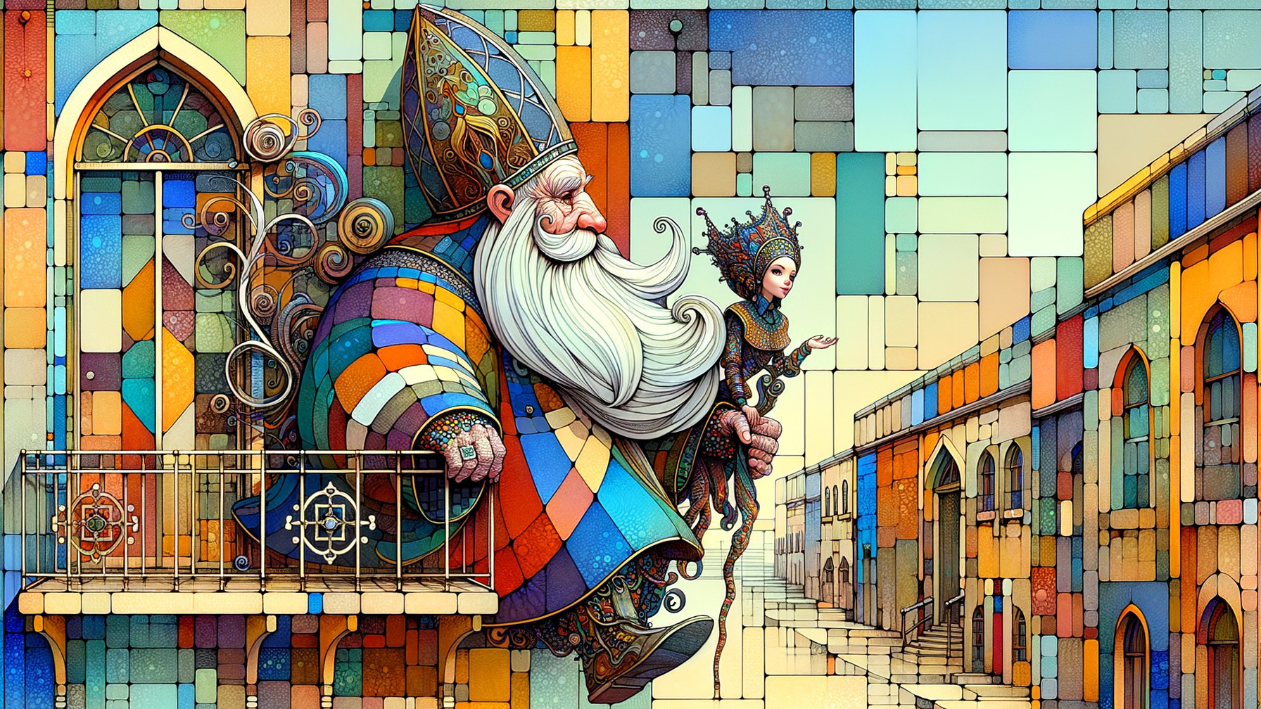 Whimsical Scene of a Bearded Figure on a Balcony