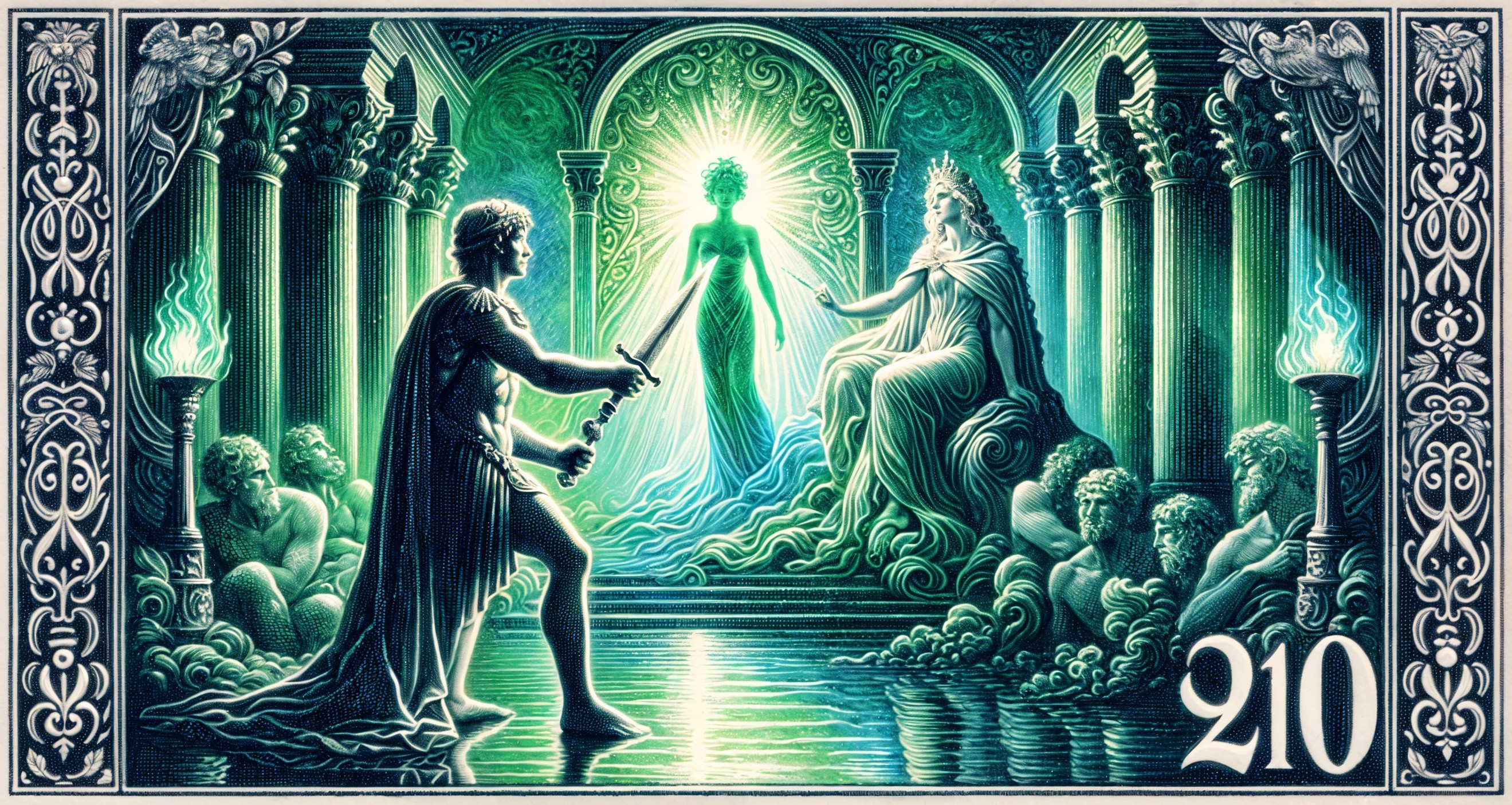 Ethereal Figure and Warrior in a Grand Setting