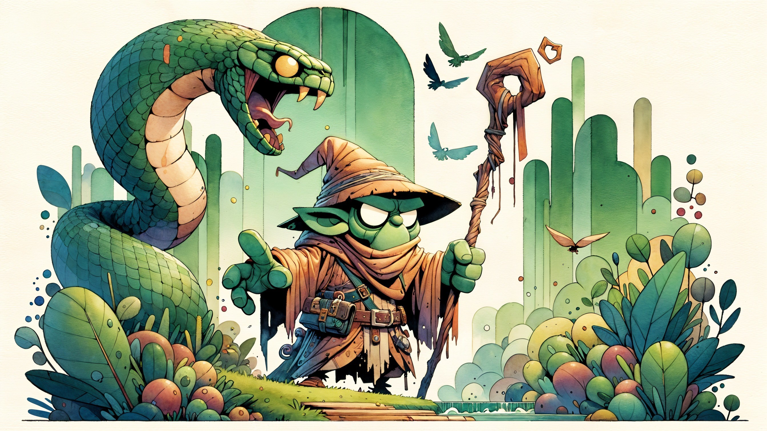 Whimsical Scene of a Green Wizard and Menacing Snake
