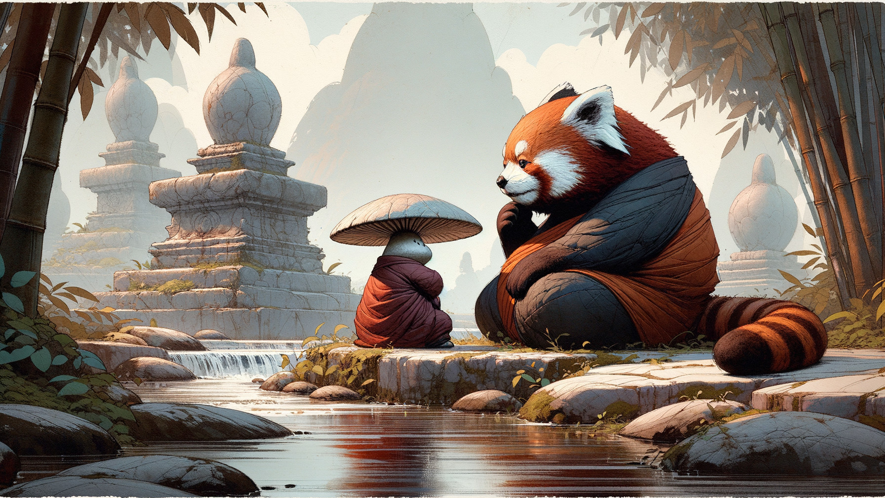 Giant Red Panda and Figure in Tranquil Bamboo Forest