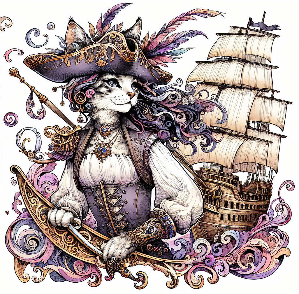 Whimsical Feline Pirate Illustration with Adventure Theme