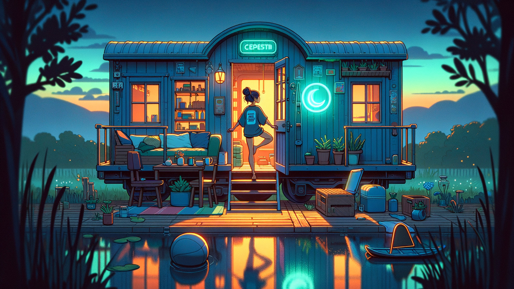 Cozy Blue Tiny Home by Tranquil Lake at Dusk