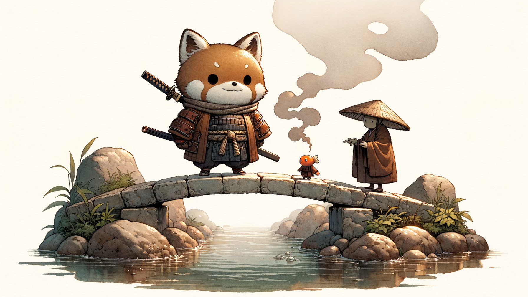 Anthropomorphic red panda in samurai armor on bridge