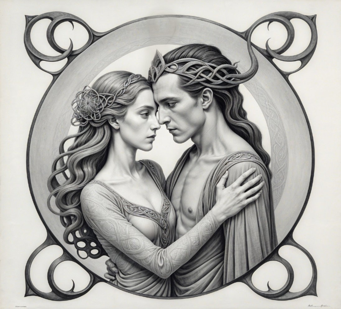 Elegant Embrace of Two Figures in Monochromatic Art