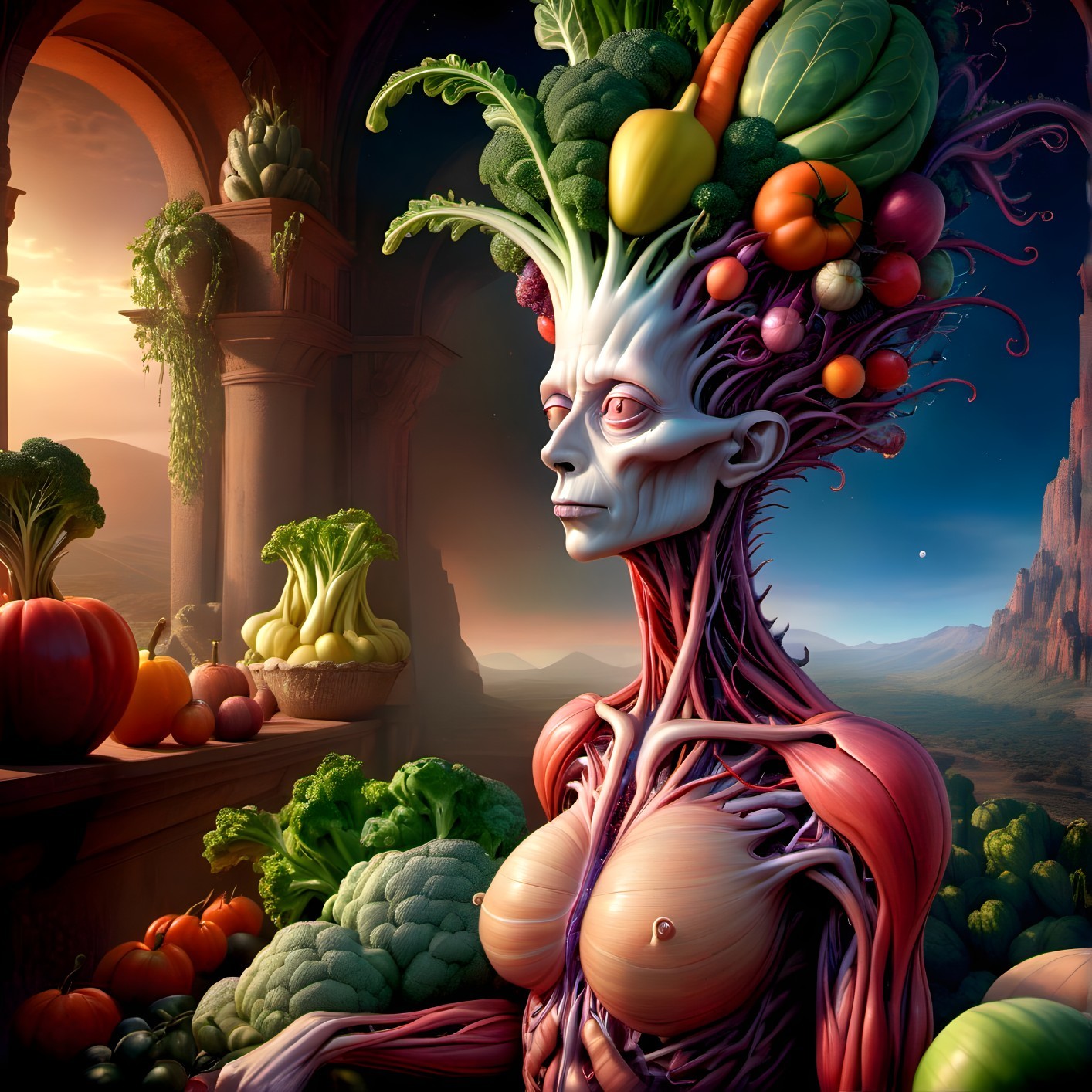 Surreal humanoid figure with fruit and vegetable head against sunset and classical architecture