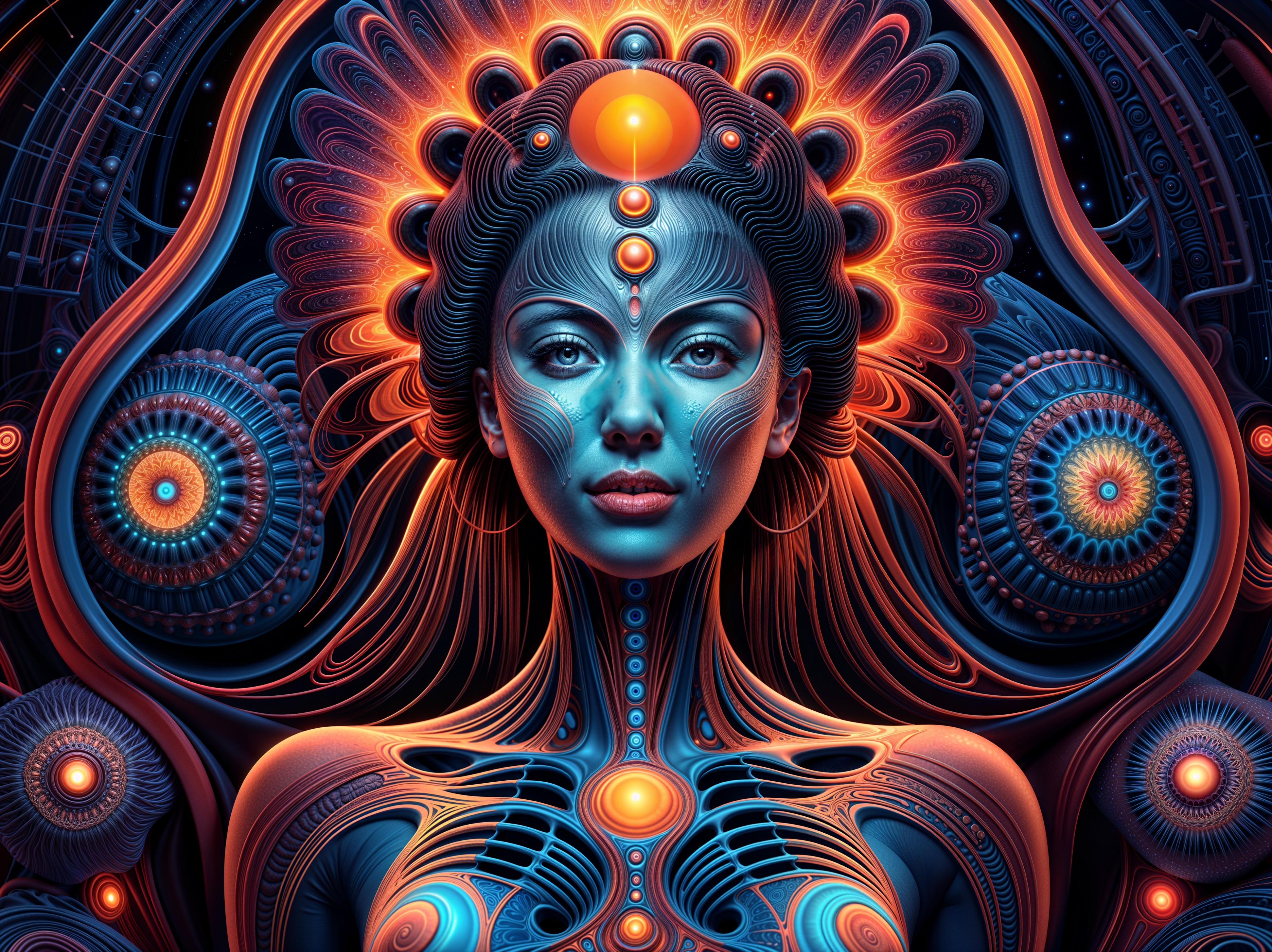 Futuristic Digital Artwork of Ethereal Woman with Patterns