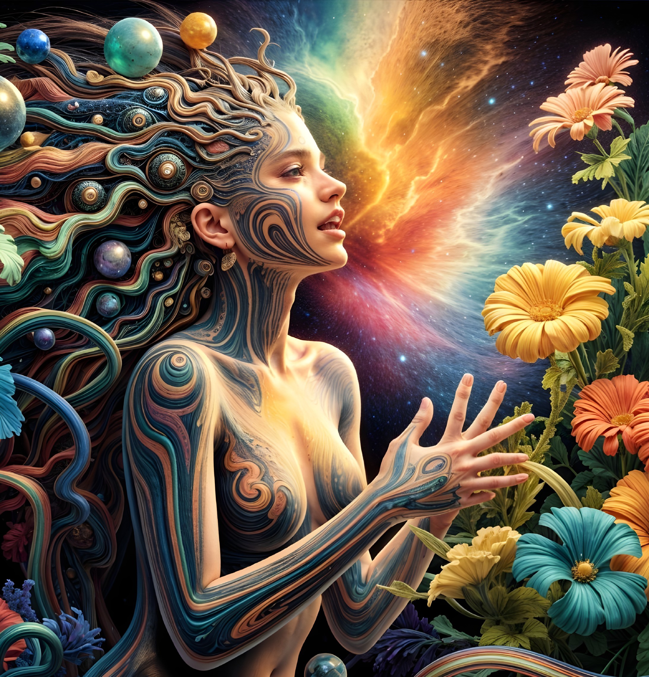Mystical Female Figure in Cosmic Floral Setting