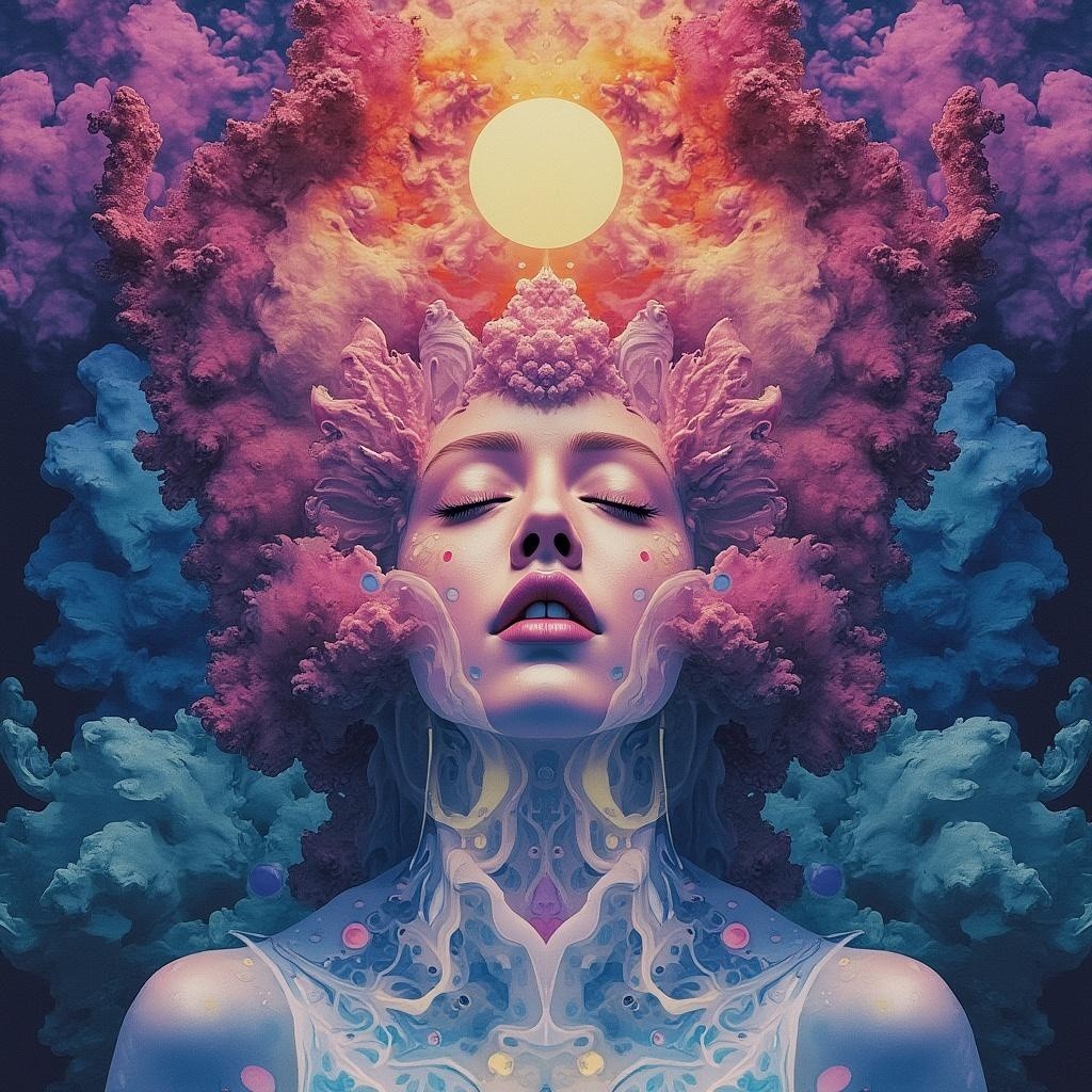 Surreal Woman Surrounded by Vibrant Ethereal Clouds